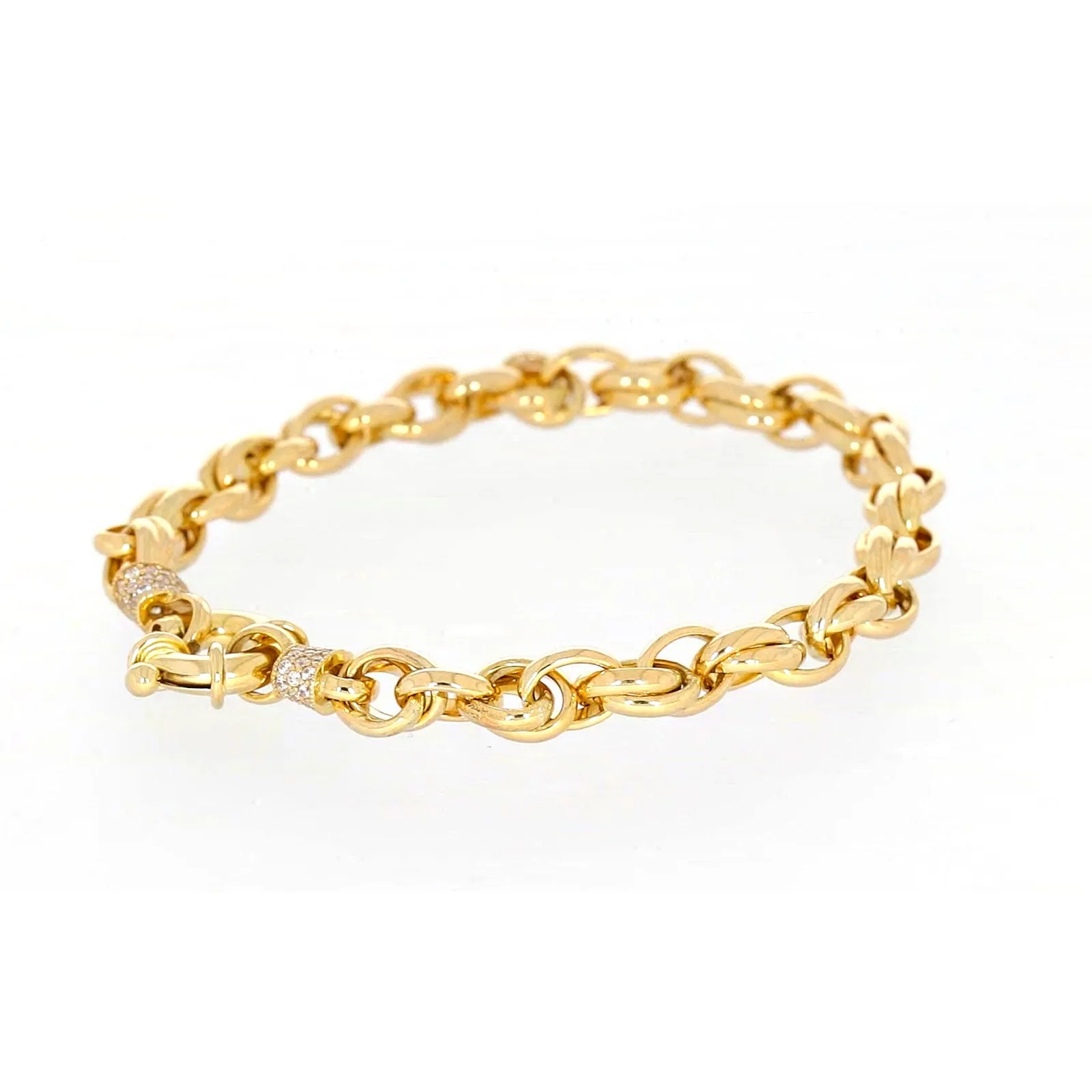 9ct Yellow Gold Silver Filled 19cm Belcher Bracelet with Cubic Zirconia & Bolt Ring
