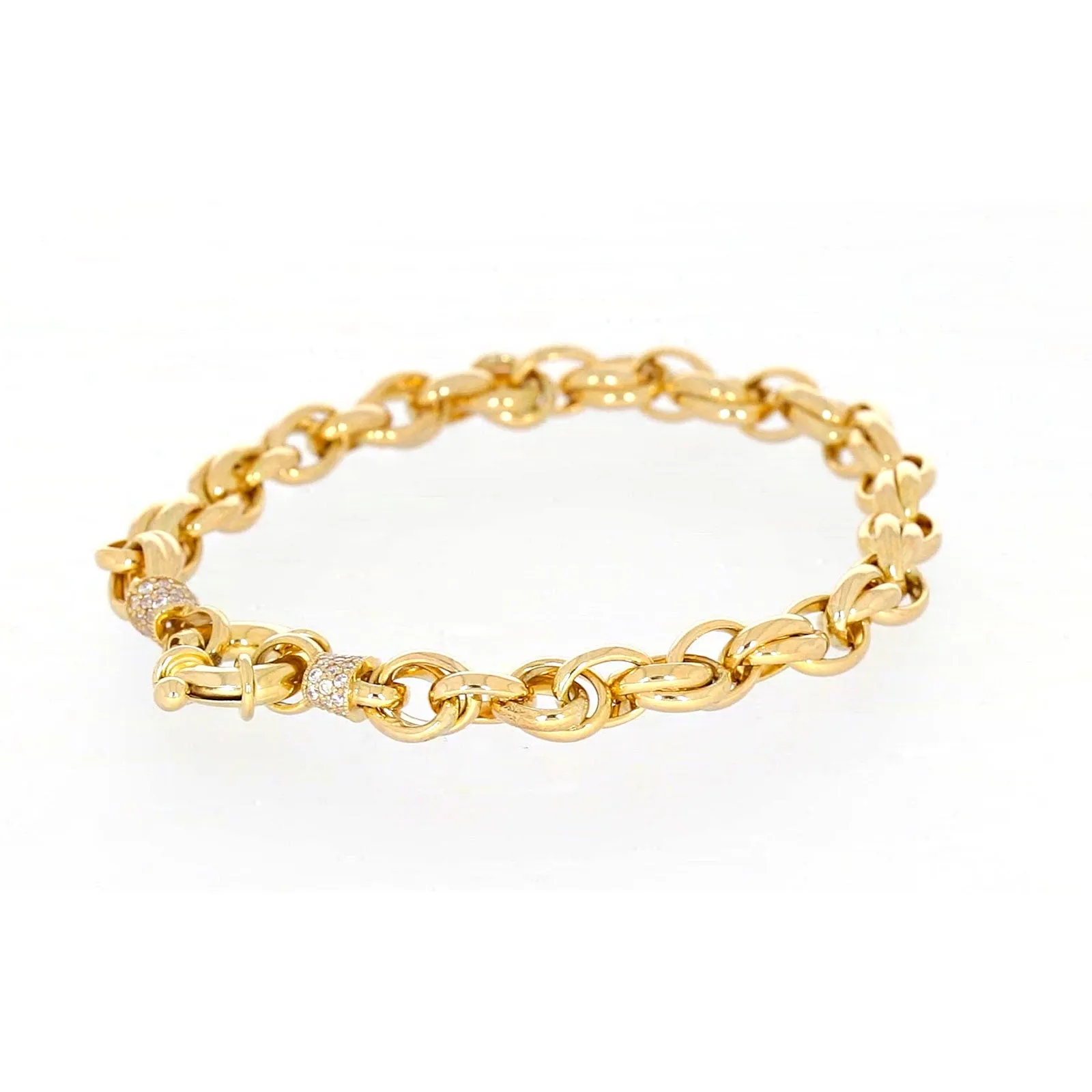 9ct Yellow Gold Silver Filled 19cm Belcher Bracelet with Cubic Zirconia & Bolt Ring