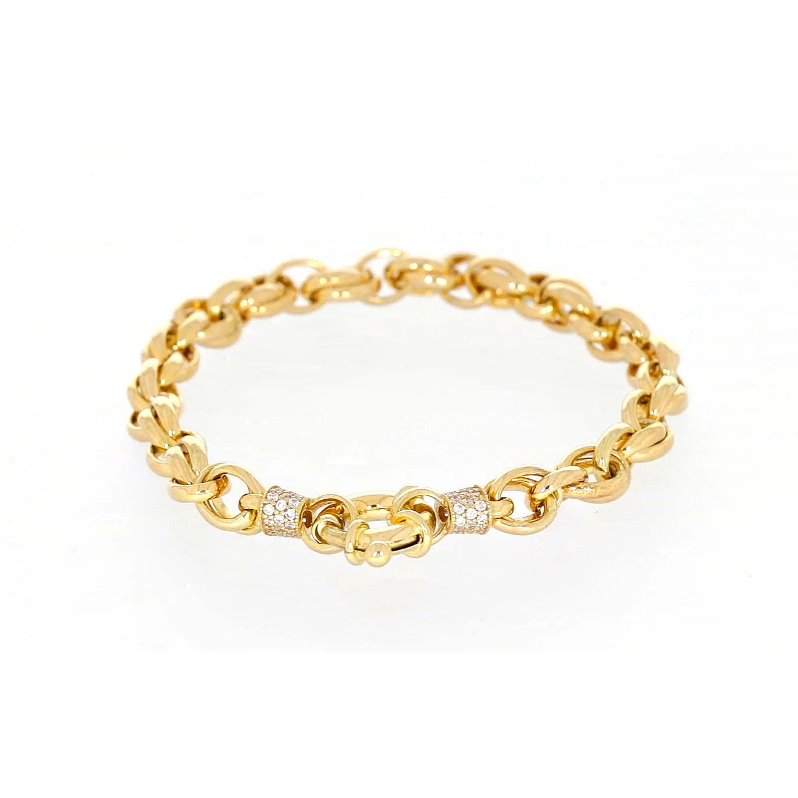 9ct Yellow Gold Silver Filled 19cm Belcher Bracelet with Cubic Zirconia & Bolt Ring