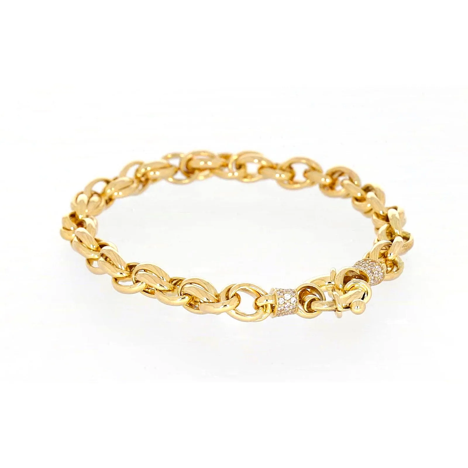 9ct Yellow Gold Silver Filled 19cm Belcher Bracelet with Cubic Zirconia & Bolt Ring