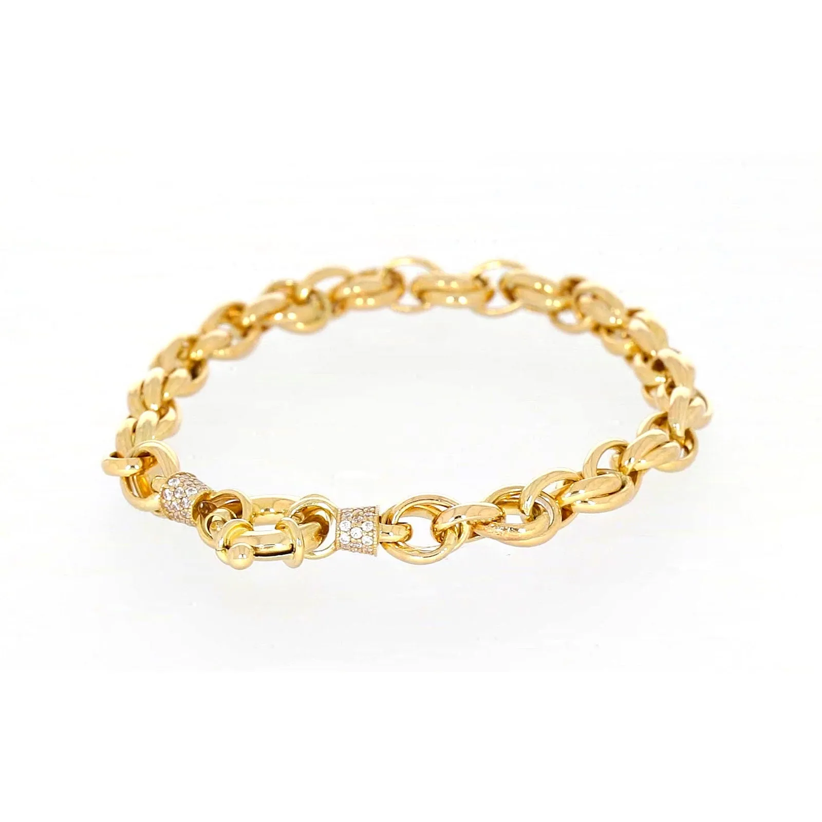 9ct Yellow Gold Silver Filled 19cm Belcher Bracelet with Cubic Zirconia & Bolt Ring