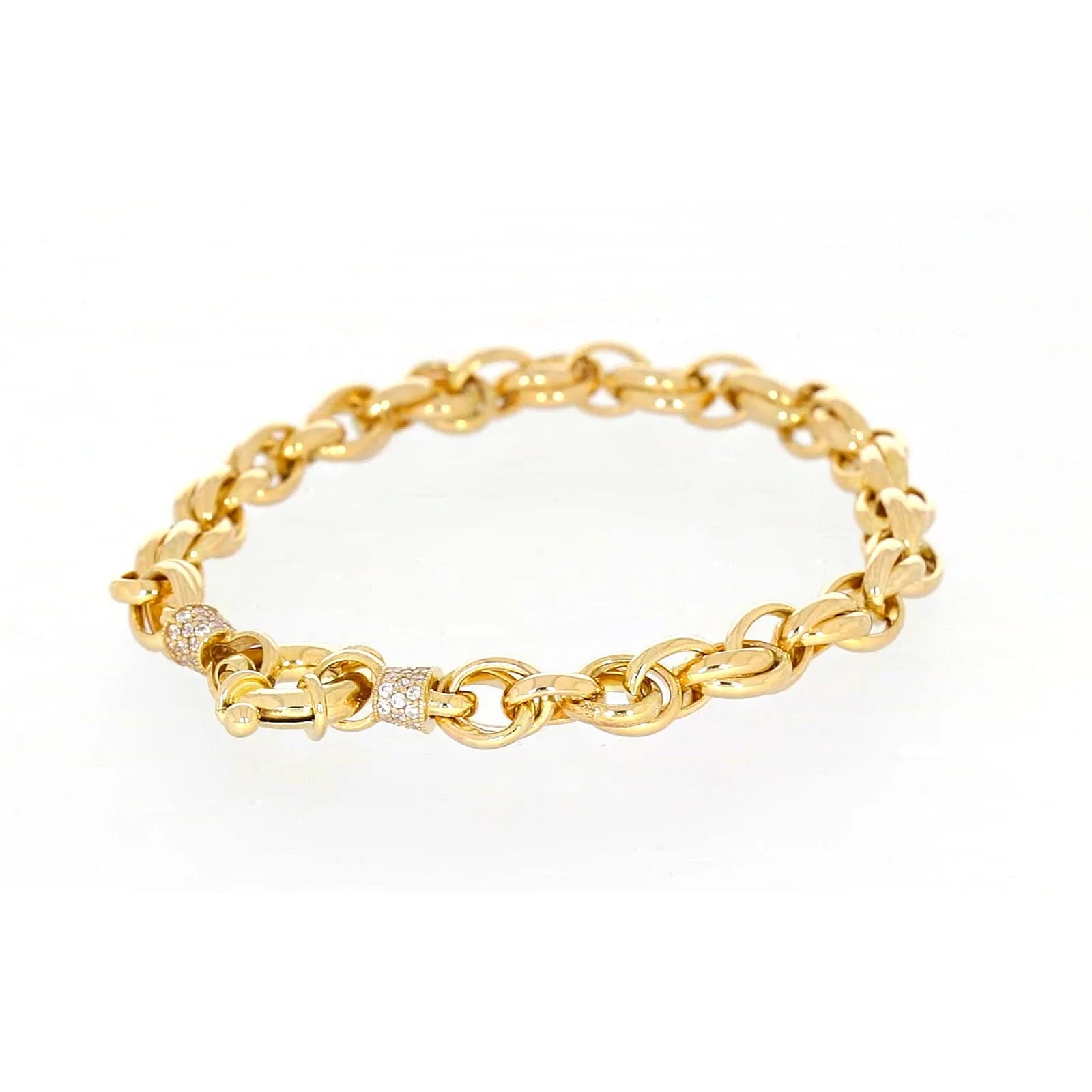 9ct Yellow Gold Silver Filled 19cm Belcher Bracelet with Cubic Zirconia & Bolt Ring