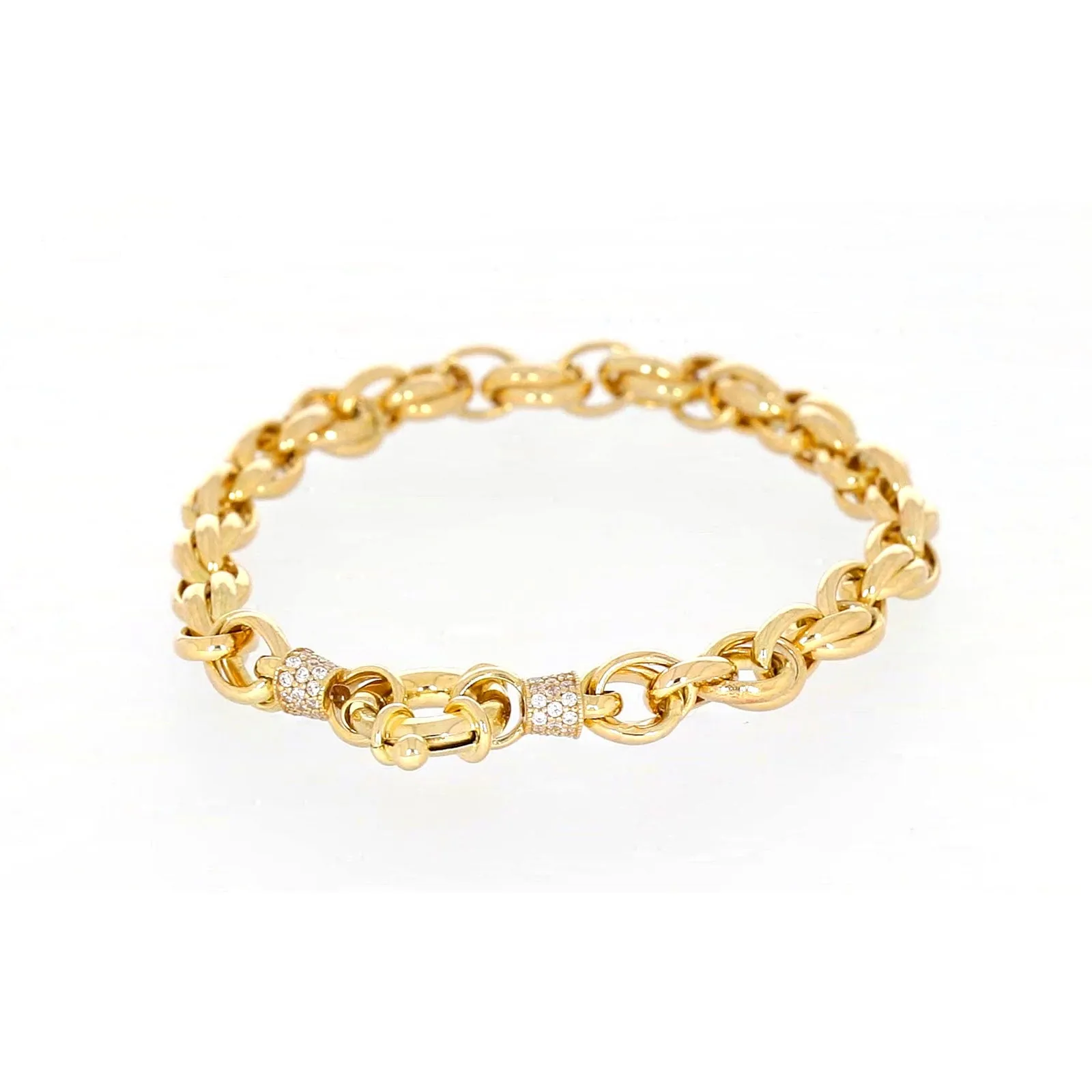 9ct Yellow Gold Silver Filled 19cm Belcher Bracelet with Cubic Zirconia & Bolt Ring