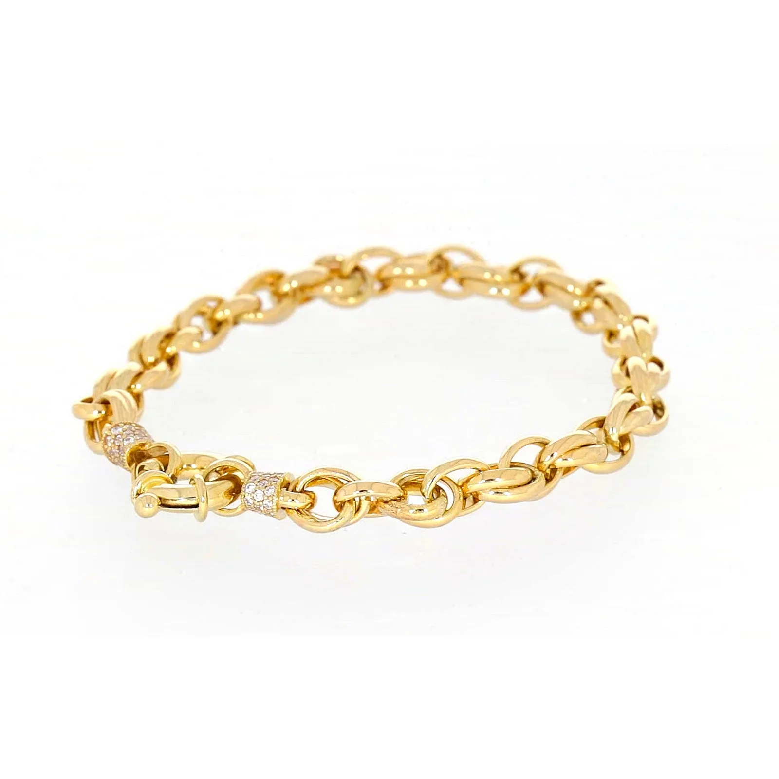 9ct Yellow Gold Silver Filled 19cm Belcher Bracelet with Cubic Zirconia & Bolt Ring