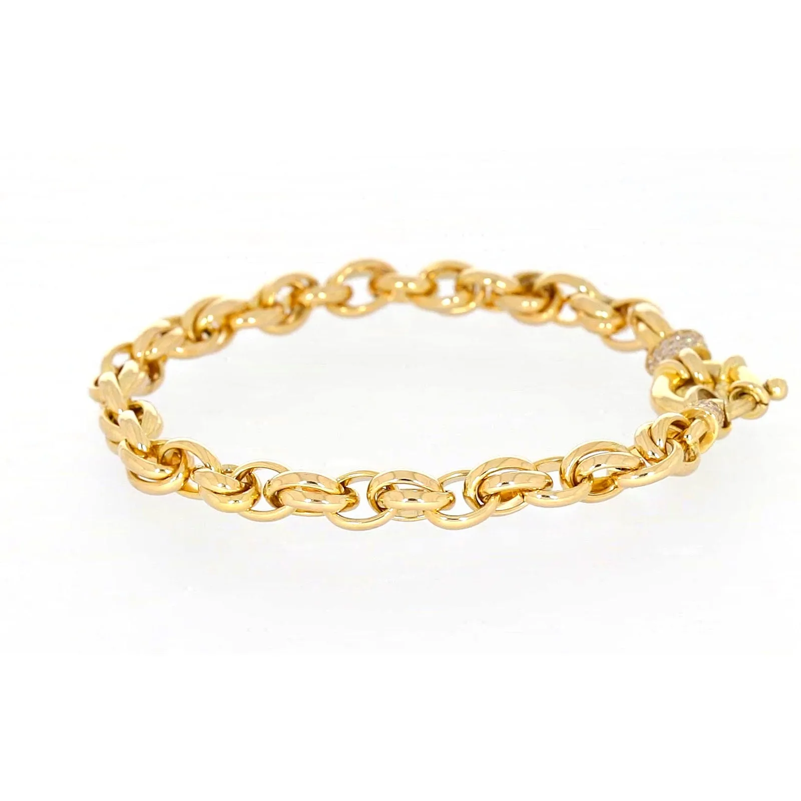9ct Yellow Gold Silver Filled 19cm Belcher Bracelet with Cubic Zirconia & Bolt Ring