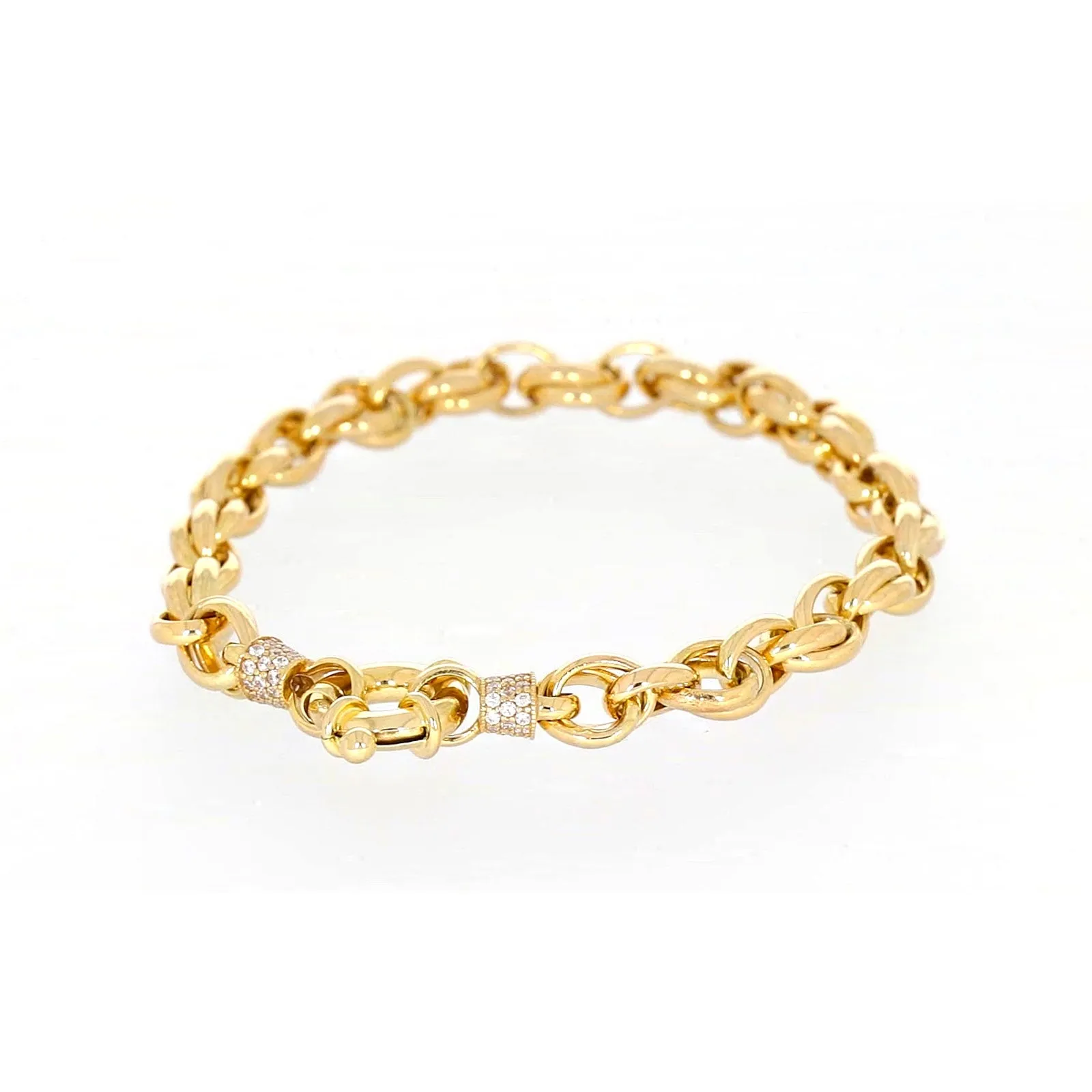 9ct Yellow Gold Silver Filled 19cm Belcher Bracelet with Cubic Zirconia & Bolt Ring