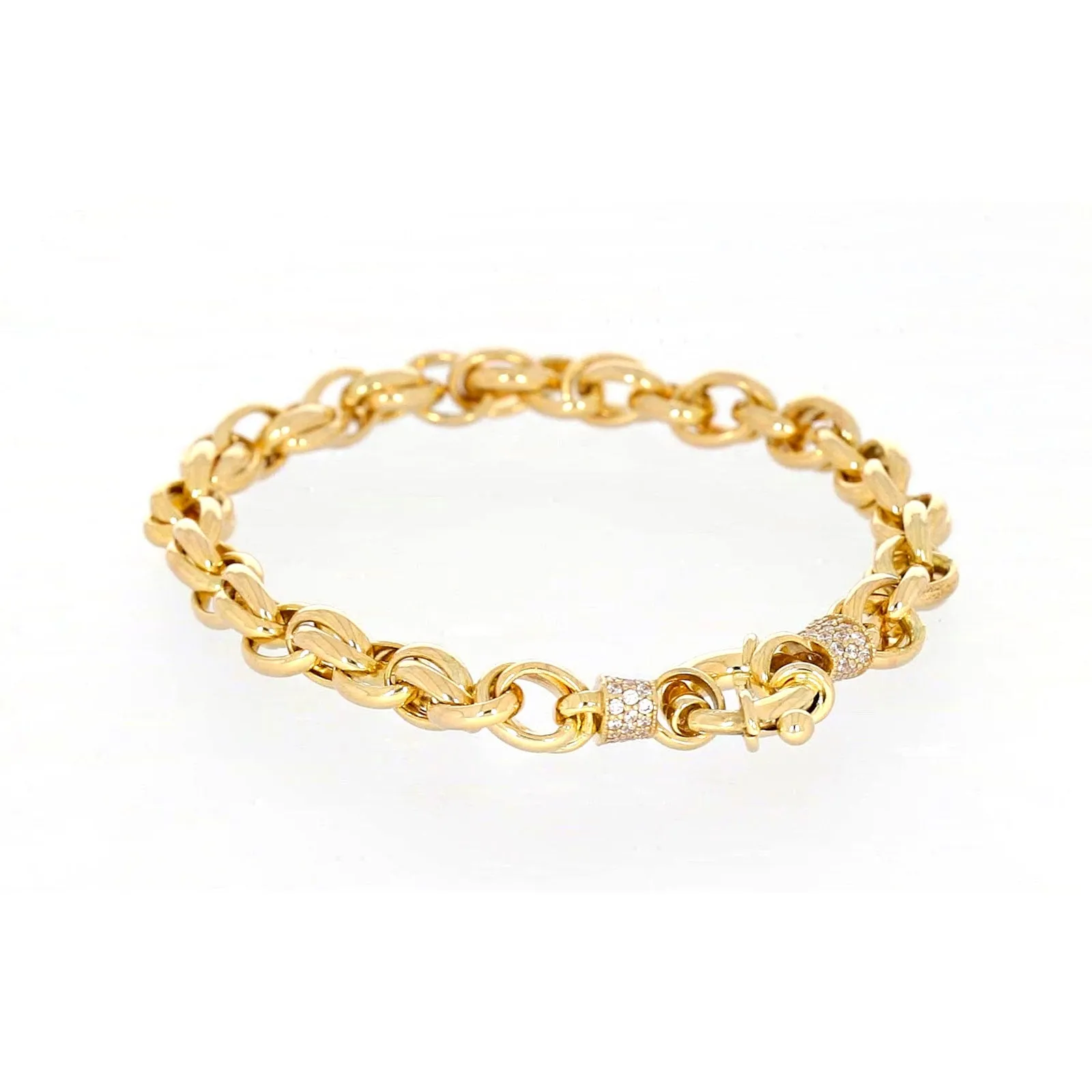 9ct Yellow Gold Silver Filled 19cm Belcher Bracelet with Cubic Zirconia & Bolt Ring
