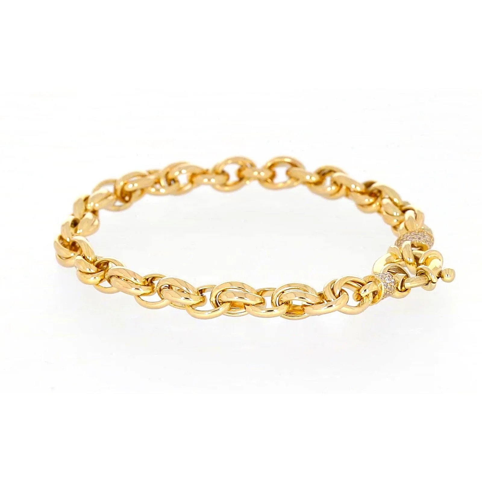 9ct Yellow Gold Silver Filled 19cm Belcher Bracelet with Cubic Zirconia & Bolt Ring
