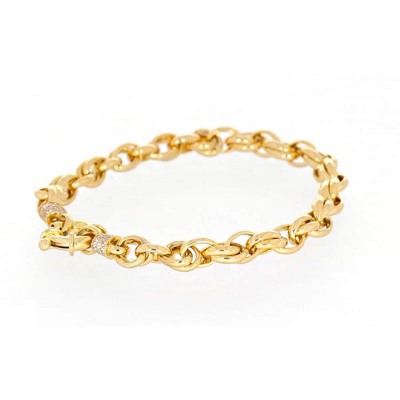 9ct Yellow Gold Silver Filled 19cm Belcher Bracelet with Cubic Zirconia & Bolt Ring