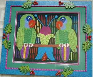 A Framed Kuna Indian Folk Art Mola from San Blas Islands, Panama in Hand Painted Frame With Wood Leaves, Glass & Double Mats. Hand stitched  Applique: Green Parrots On a Perch 20.5" X 17.5" (DFM20) WALL DECOR