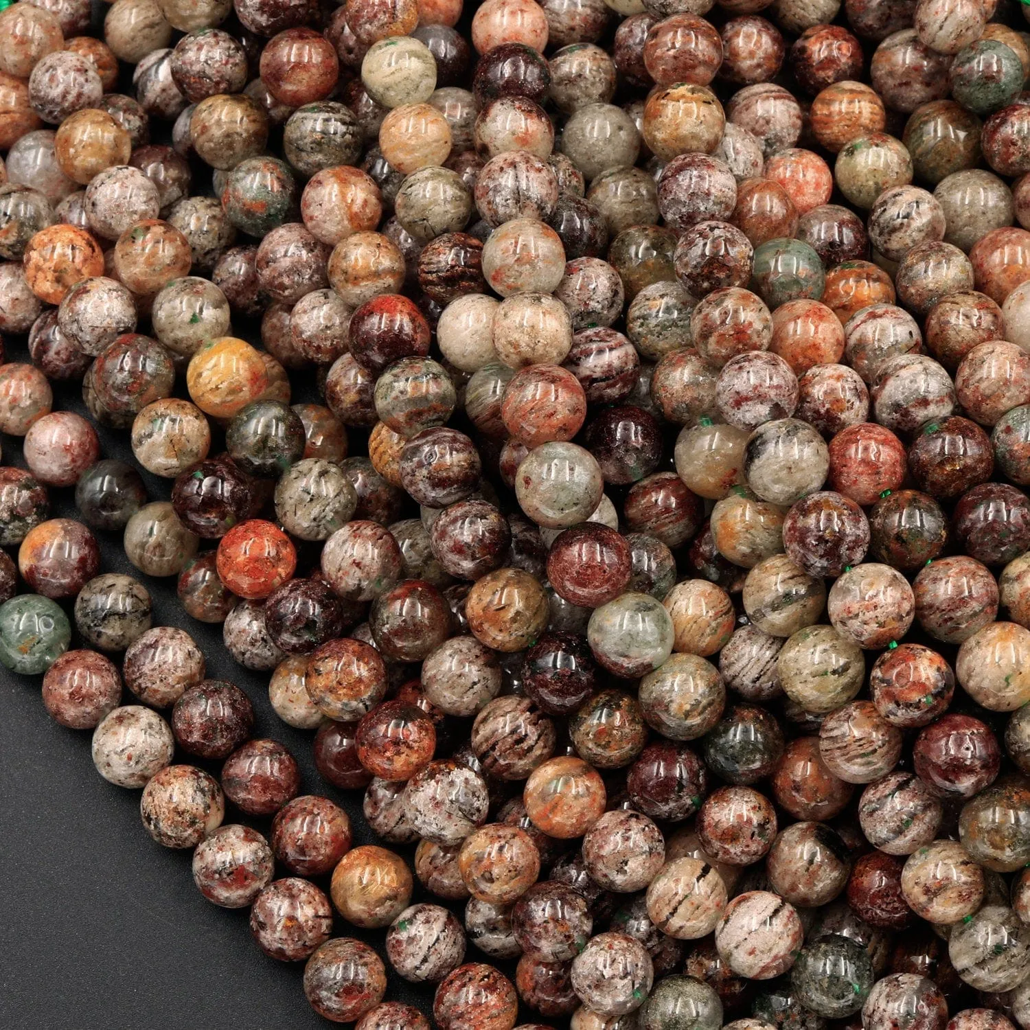 A Grade Natural Phantom Quartz Beads Lodolite Beads 6mm 7mm  8mm Full of Red Green Yellow Brown Copper Bronze Minerals Matrix 16" Strand