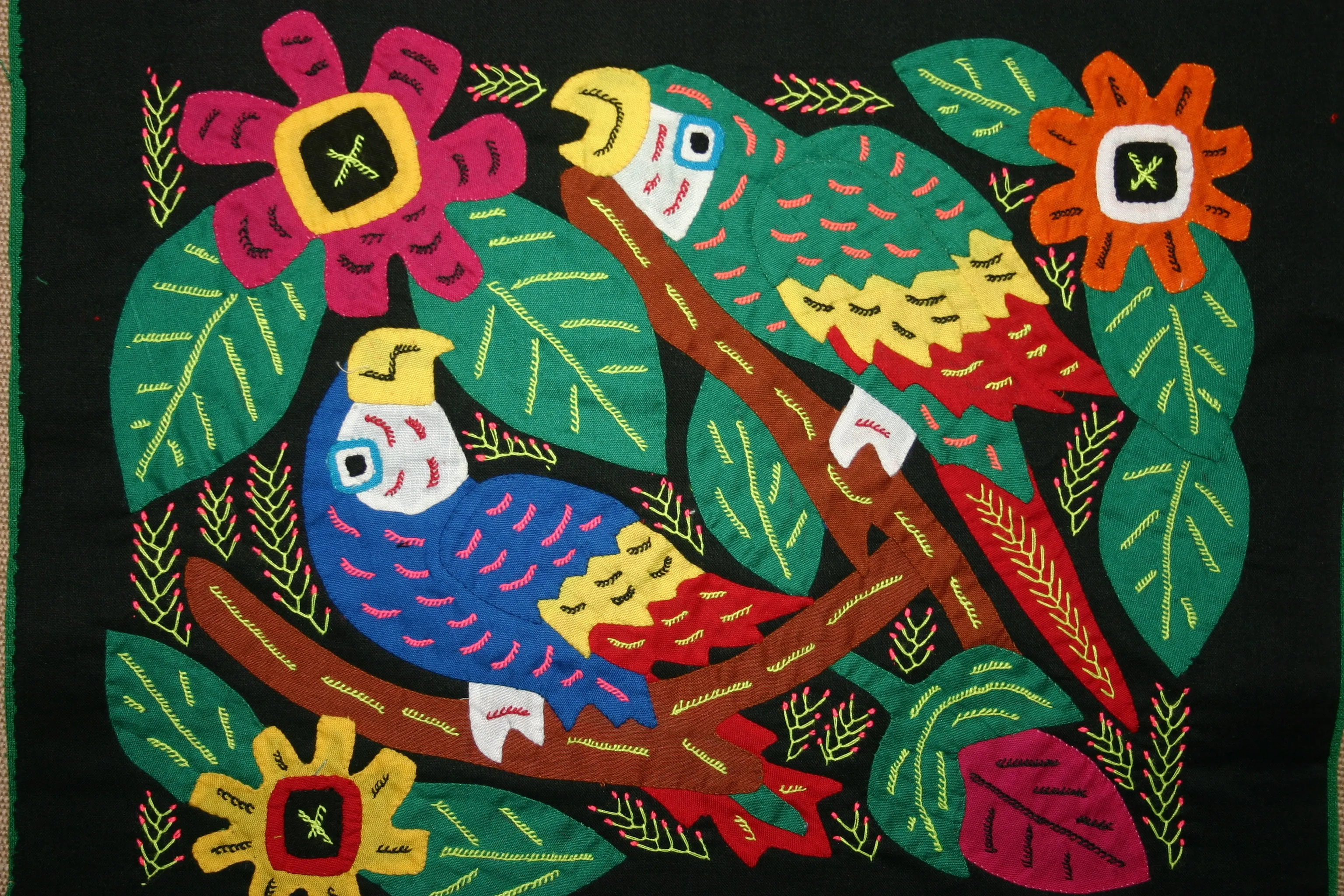 A Kuna Indian Folk Art Mola from San Blas Islands, in Custom Frame with 1 Green Mat & Non-Glare Glass : Hand stitched Textile Applique: Colorful Macaw Parrots & Hibiscus Flowers, 19" x 15" (DFM16) Wall Décor