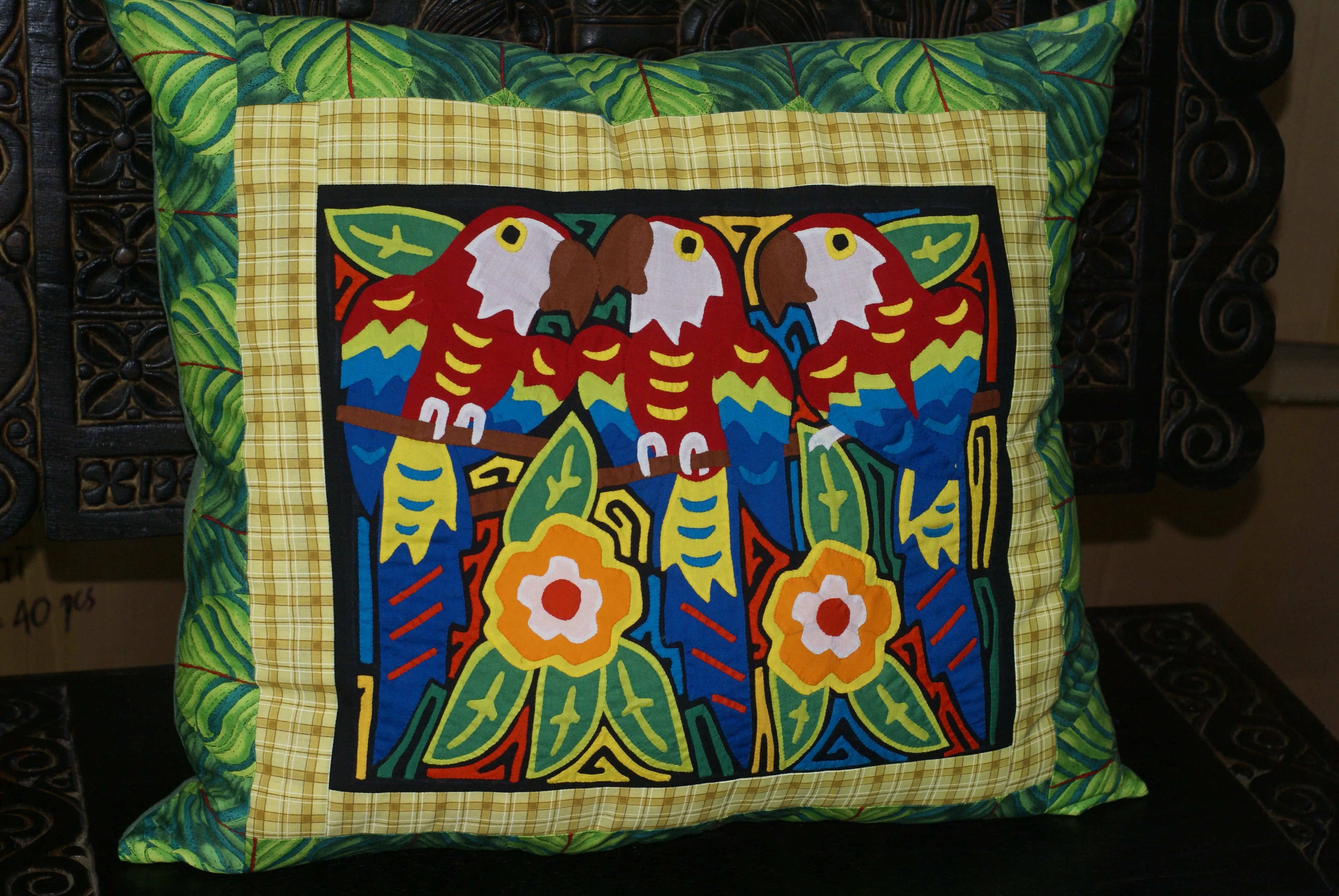 A Kuna Indian Folk Art Mola from San Blas Islands, in Custom Frame with 1 Green Mat & Non-Glare Glass : Hand stitched Textile Applique: Colorful Macaw Parrots & Hibiscus Flowers, 19" x 15" (DFM16) Wall Décor