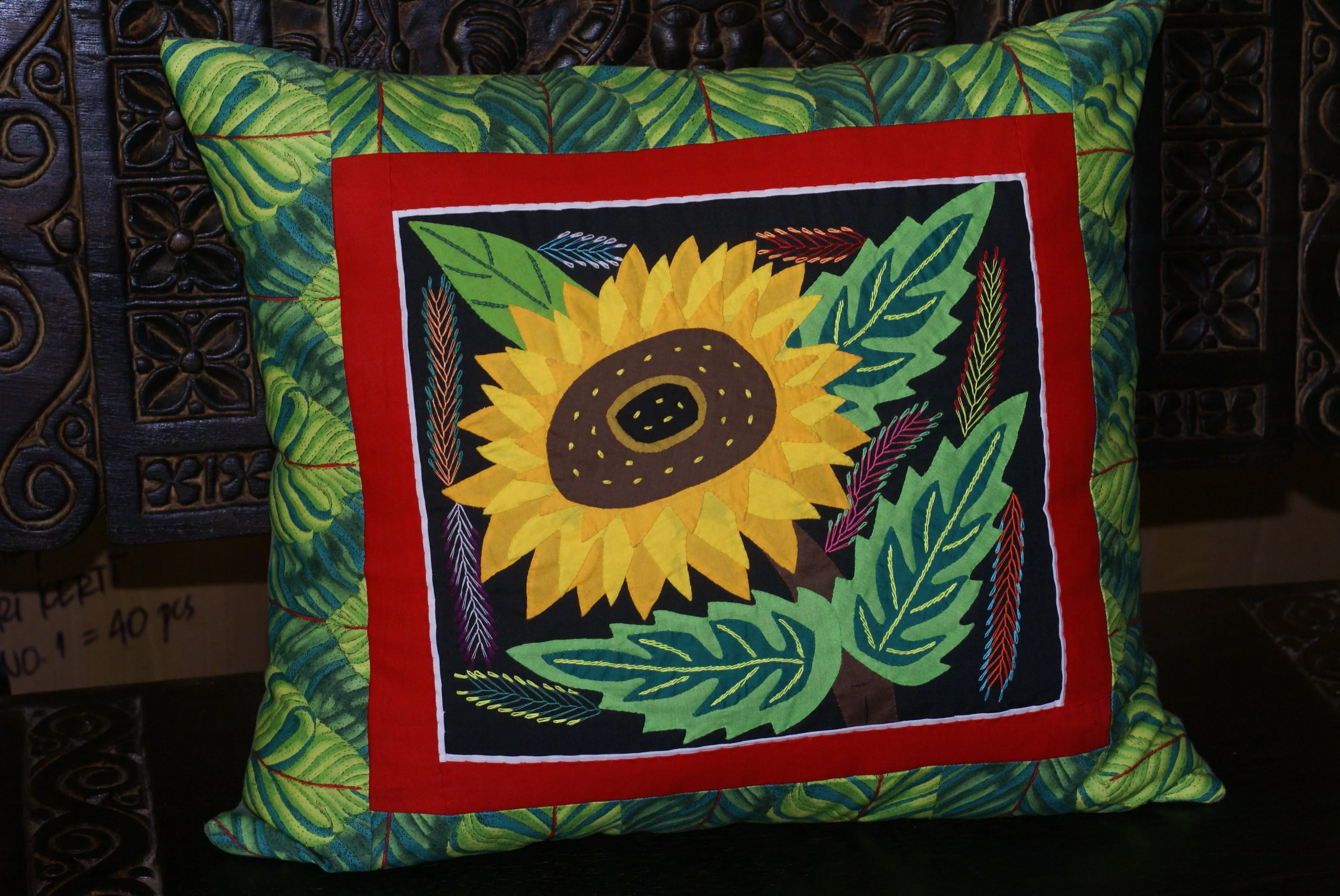 A Kuna Indian Folk Art Mola from San Blas Islands, in Custom Frame with 1 Green Mat & Non-Glare Glass : Hand stitched Textile Applique: Colorful Macaw Parrots & Hibiscus Flowers, 19" x 15" (DFM16) Wall Décor