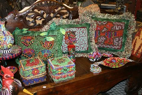 A Kuna Indian Folk Art Mola from San Blas Islands, in Custom Frame with 1 Green Mat & Non-Glare Glass : Hand stitched Textile Applique: Colorful Macaw Parrots & Hibiscus Flowers, 19" x 15" (DFM16) Wall Décor