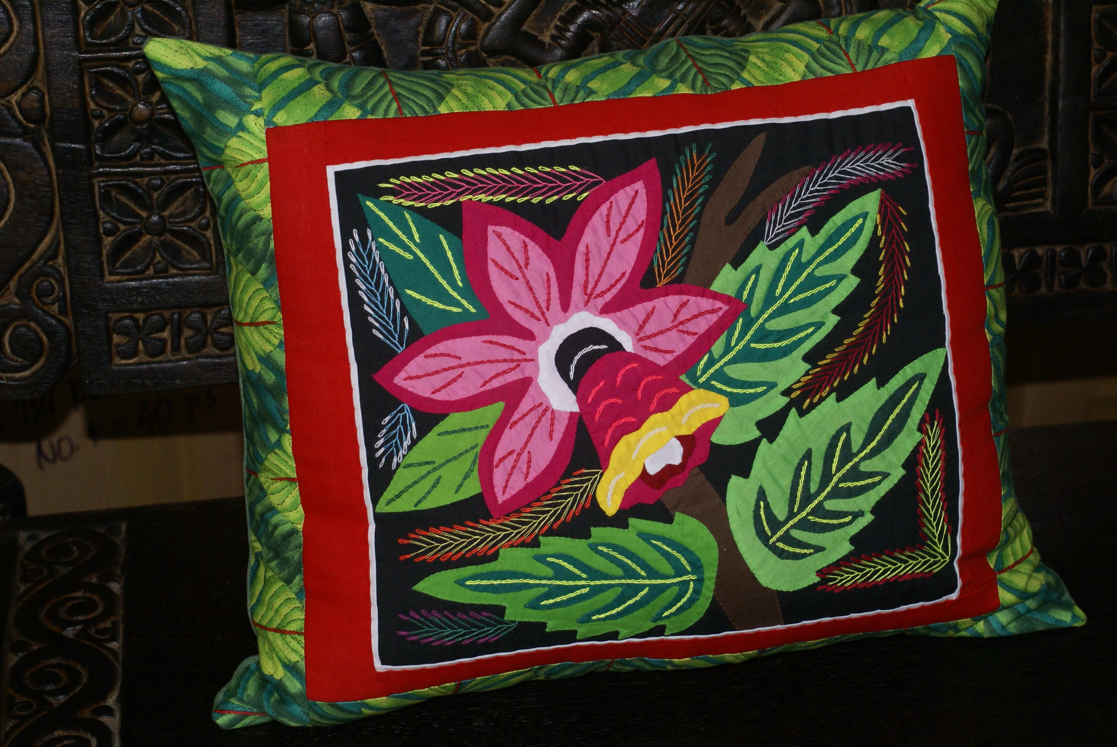 A Kuna Indian Folk Art Mola from San Blas Islands, in Custom Frame with 1 Green Mat & Non-Glare Glass : Hand stitched Textile Applique: Colorful Macaw Parrots & Hibiscus Flowers, 19" x 15" (DFM16) Wall Décor