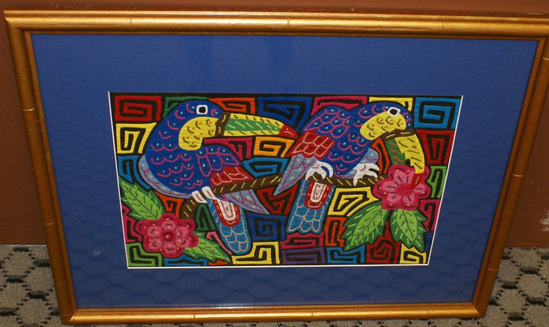 A Kuna Indian Folk Art Mola from San Blas Islands, in Custom Hand Painted Frame with 1 Blue Mat & Glass : Hand stitched Textile Applique: Colorful Toucans & Hibiscus Flowers, 22.5" x 17.5" (DFM9) Wall Décor