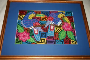 A Kuna Indian Folk Art Mola from San Blas Islands, in Custom Hand Painted Frame with 1 Blue Mat & Glass : Hand stitched Textile Applique: Colorful Toucans & Hibiscus Flowers, 22.5" x 17.5" (DFM9) Wall Décor