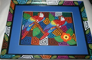 A Kuna Indian Folk Art Mola from San Blas Islands, in Custom Unique Hand Painted Signed Frame with  Blue Mat: Hand stitched Textile Applique: Colorful Macaw Parrot & Hibiscus Flowers, 23" x 18.5" (DFM19) Wall Decor