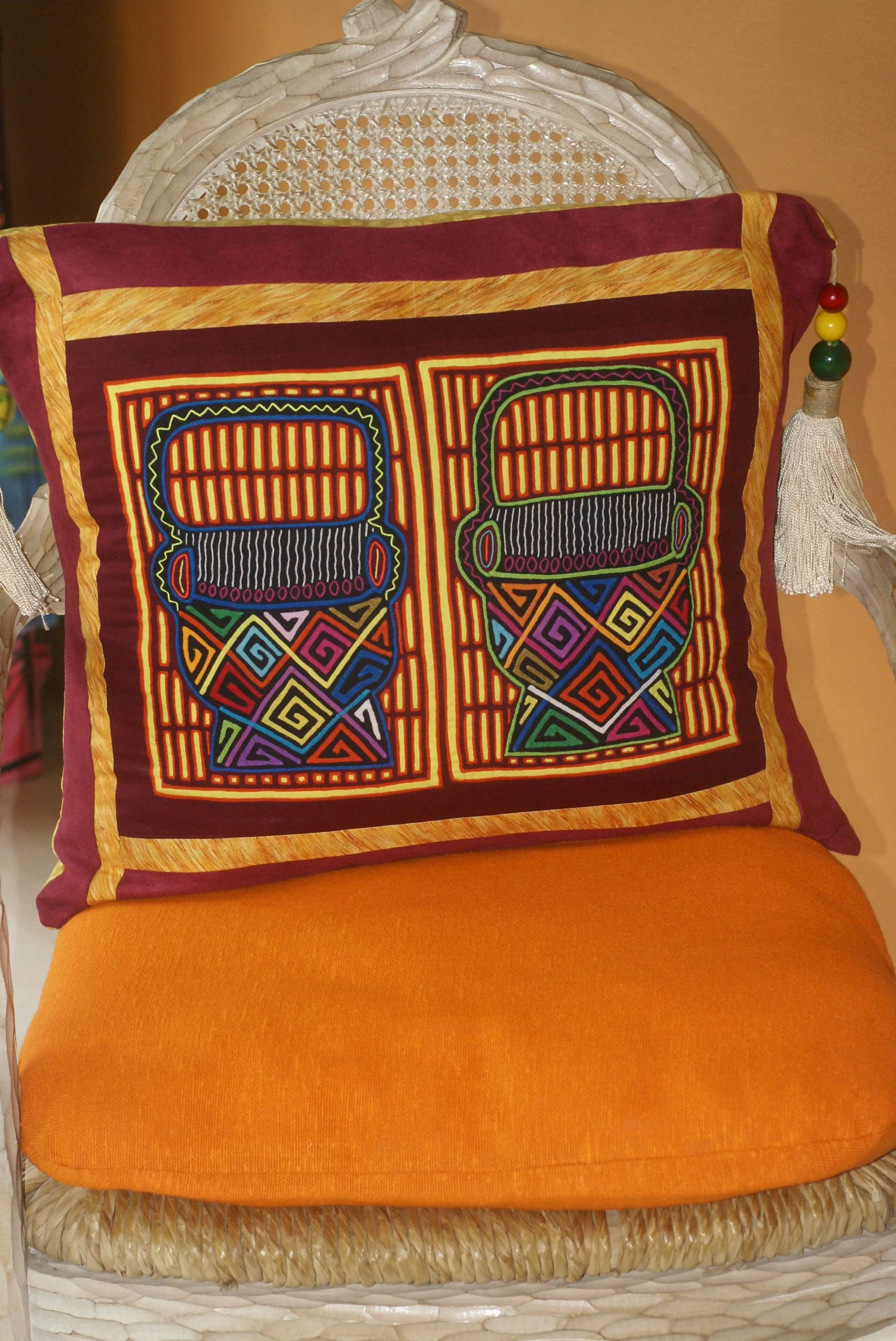 A Kuna Indian Folk Art Mola from San Blas Islands, in Custom Unique Hand Painted Signed Frame with  Blue Mat: Hand stitched Textile Applique: Colorful Macaw Parrot & Hibiscus Flowers, 23" x 18.5" (DFM19) Wall Decor