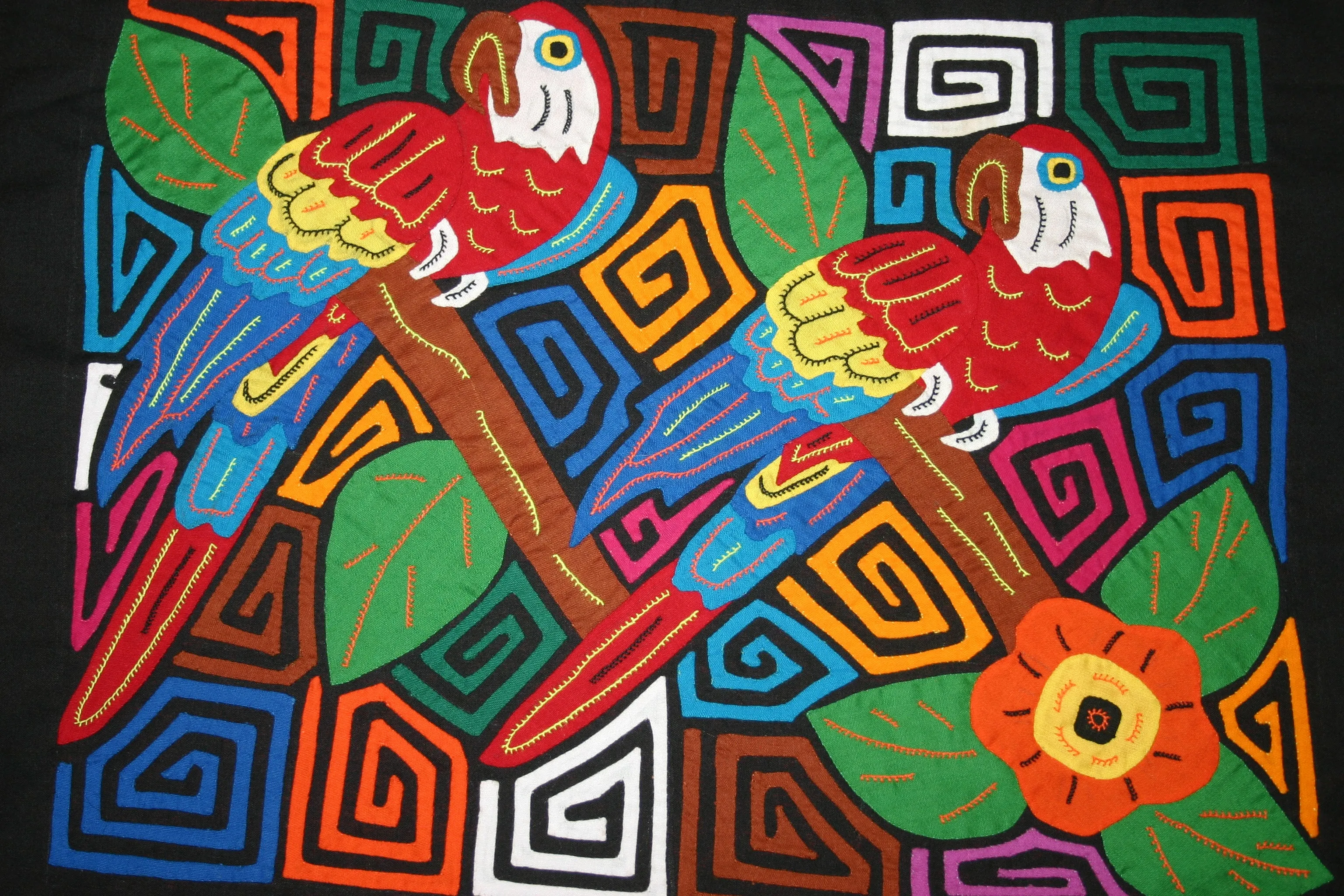 A Kuna Indian Folk Art Mola from San Blas Islands, in Custom Unique Hand Painted Signed Frame with  Blue Mat: Hand stitched Textile Applique: Colorful Macaw Parrot & Hibiscus Flowers, 23" x 18.5" (DFM19) Wall Decor
