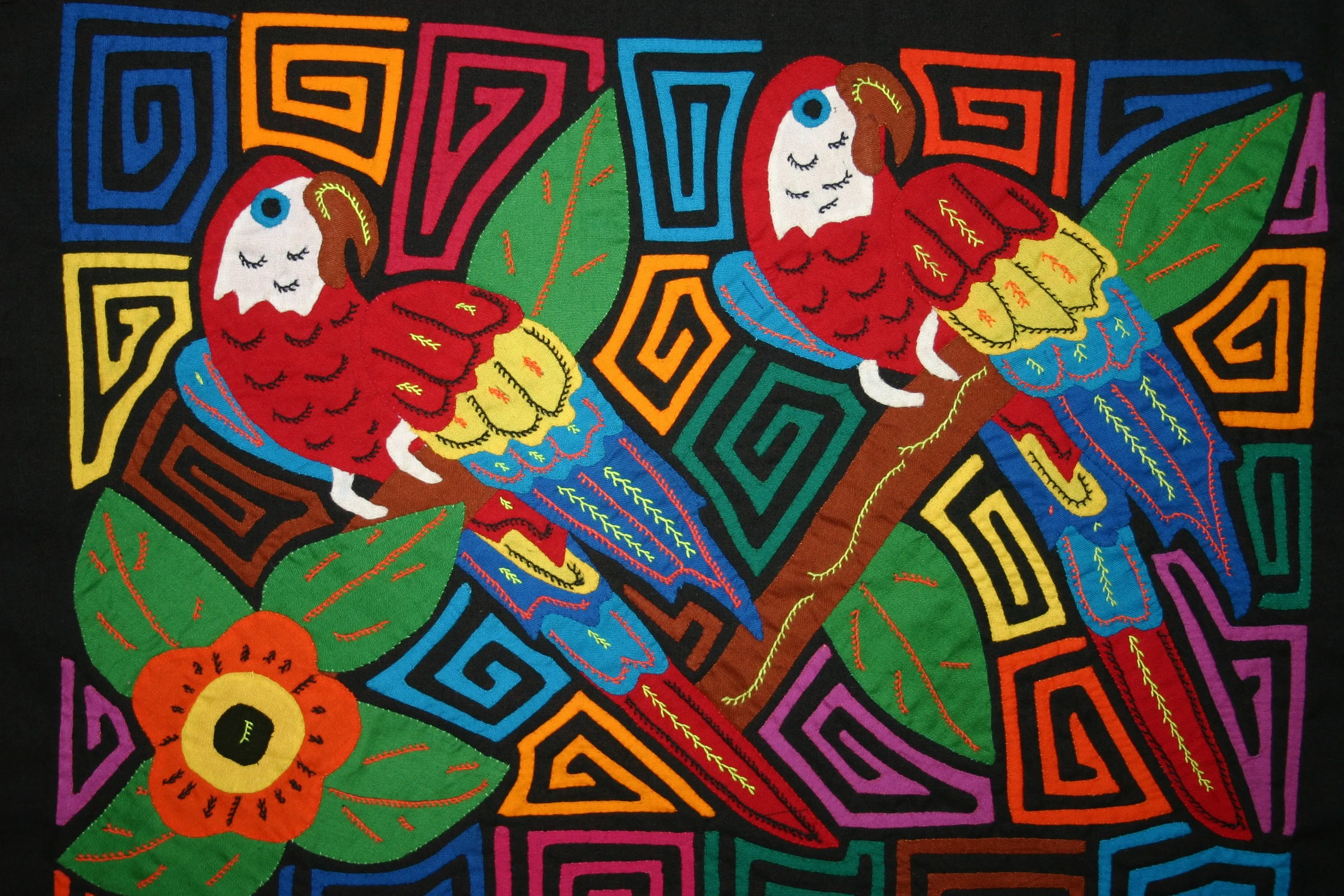 A Kuna Indian Folk Art Mola from San Blas Islands, in Custom Unique Hand Painted Signed Frame with red Mat: Hand stitched Textile Applique: Colorful Macaw Parrots & Hibiscus Flowers, 21.5" x 17" (DFM18) Wall Décor