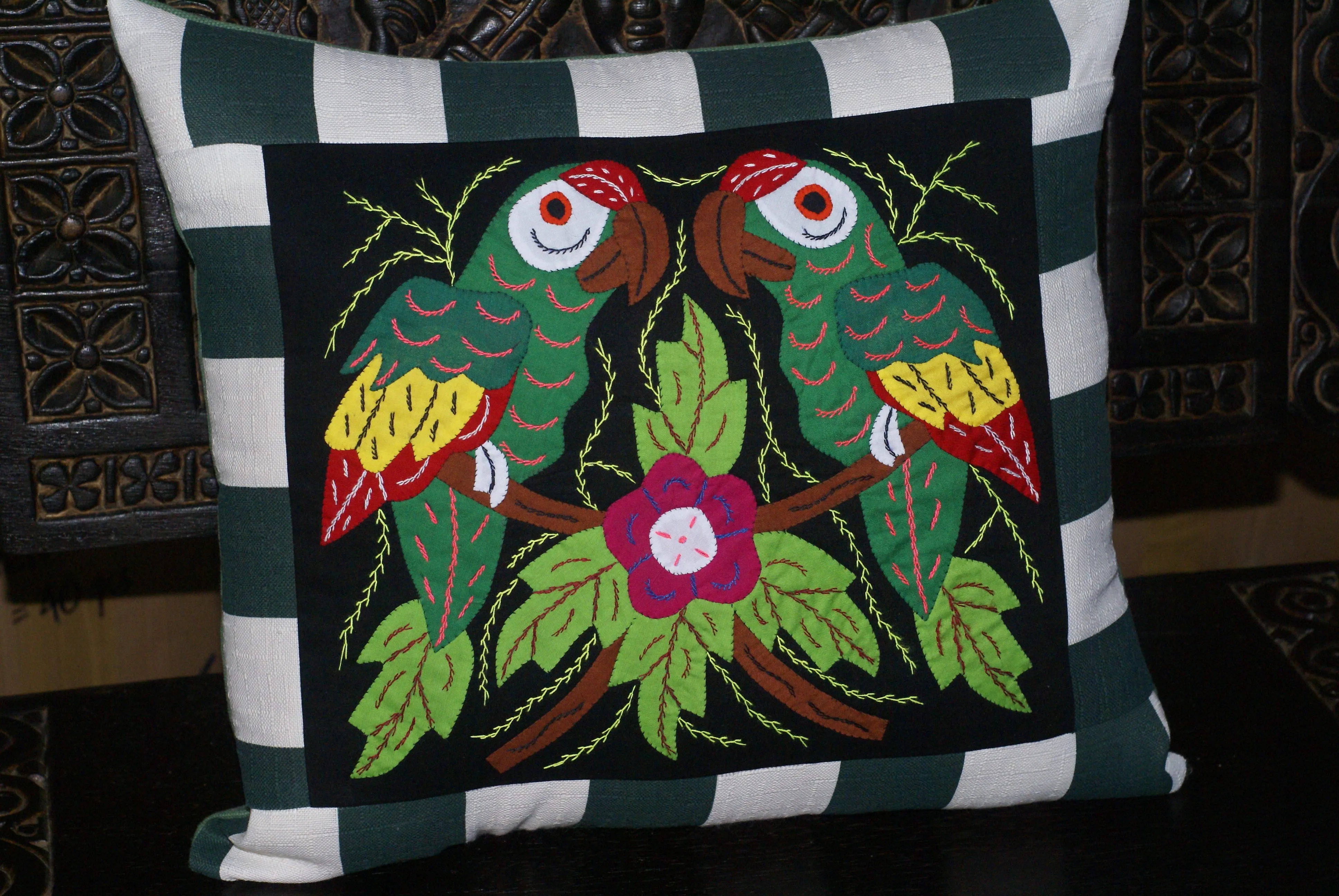 A Kuna Indian Folk Art Mola from San Blas Islands, in Custom Unique Hand Painted Signed Frame with red Mat: Hand stitched Textile Applique: Colorful Macaw Parrots & Hibiscus Flowers, 21.5" x 17" (DFM18) Wall Décor