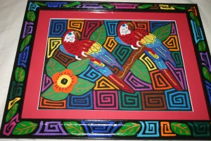 A Kuna Indian Folk Art Mola from San Blas Islands, in Custom Unique Hand Painted Signed Frame with red Mat: Hand stitched Textile Applique: Colorful Macaw Parrots & Hibiscus Flowers, 21.5" x 17" (DFM18) Wall Décor