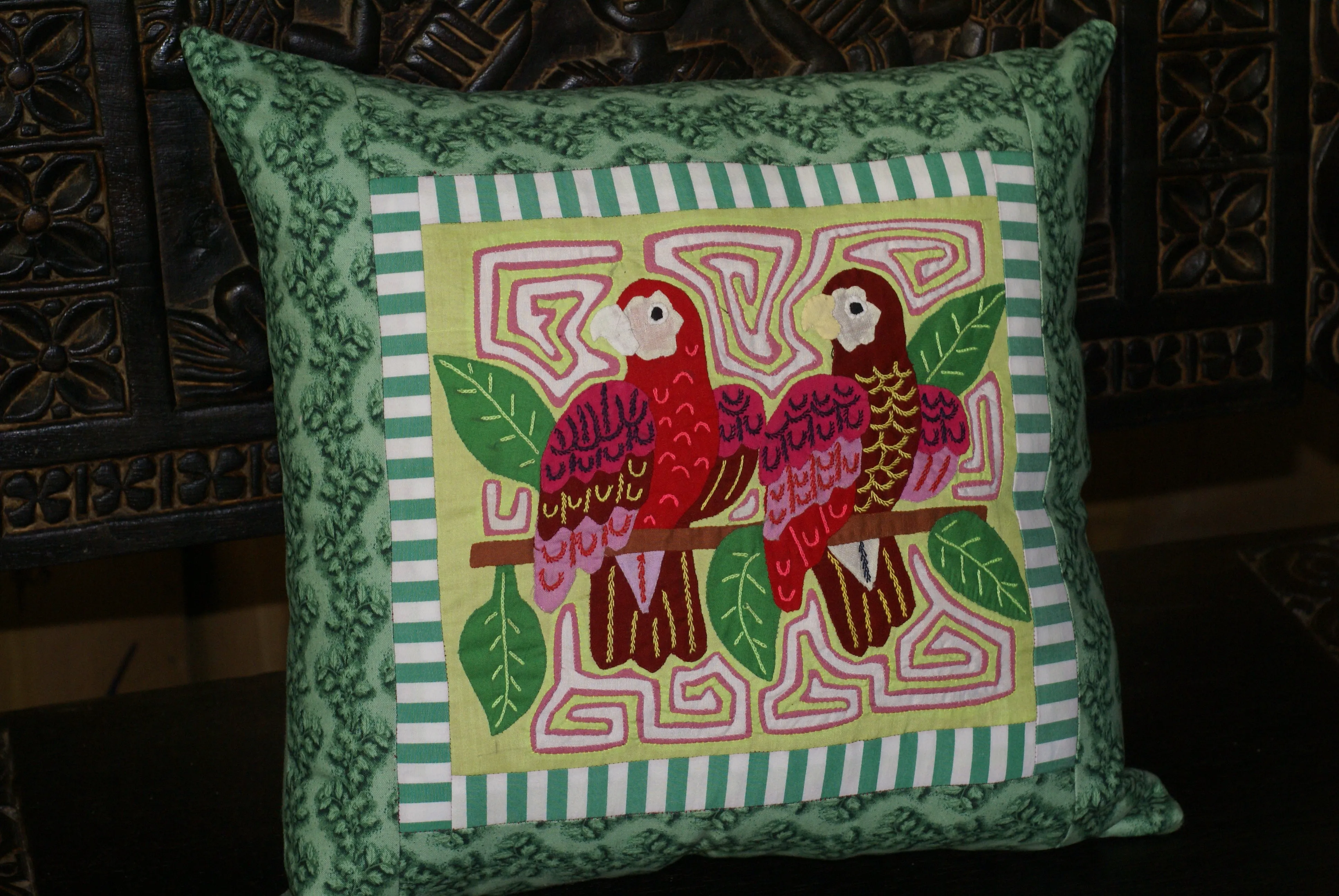 A Kuna Indian Folk Art Mola from San Blas Islands, in Custom Unique Hand Painted Signed Frame with red Mat: Hand stitched Textile Applique: Colorful Macaw Parrots & Hibiscus Flowers, 21.5" x 17" (DFM18) Wall Décor