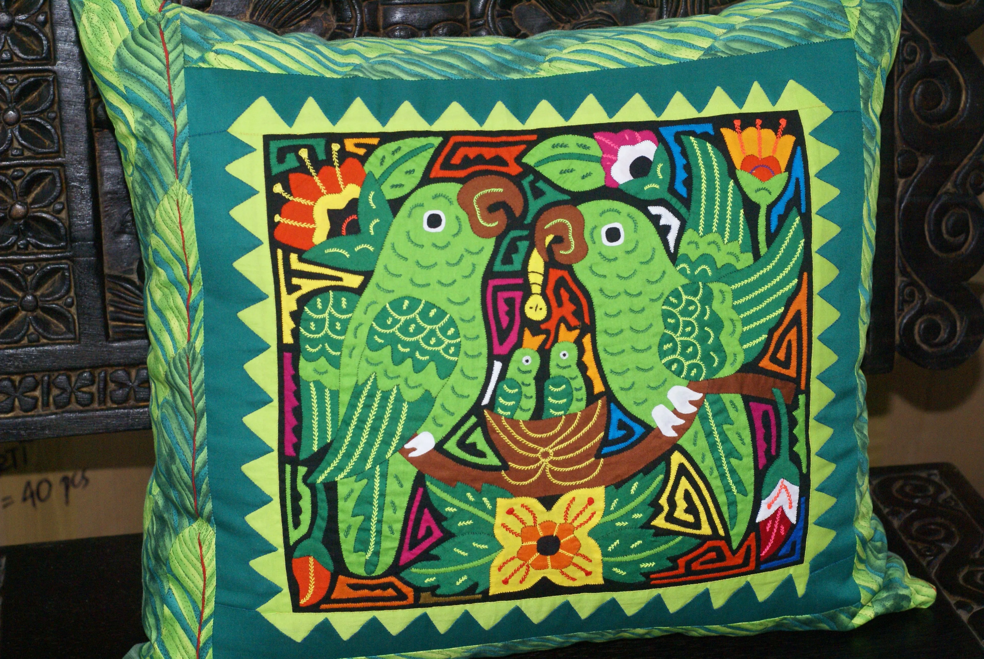 A Kuna Indian Folk Art Mola from San Blas Islands, in Unique Custom Frame with 1 Turquoise Mat & Glass : Hand stitched Textile Applique: Colorful Goose & Hibiscus Flowers, 14" x 14" (DFM17) Wall Décor
