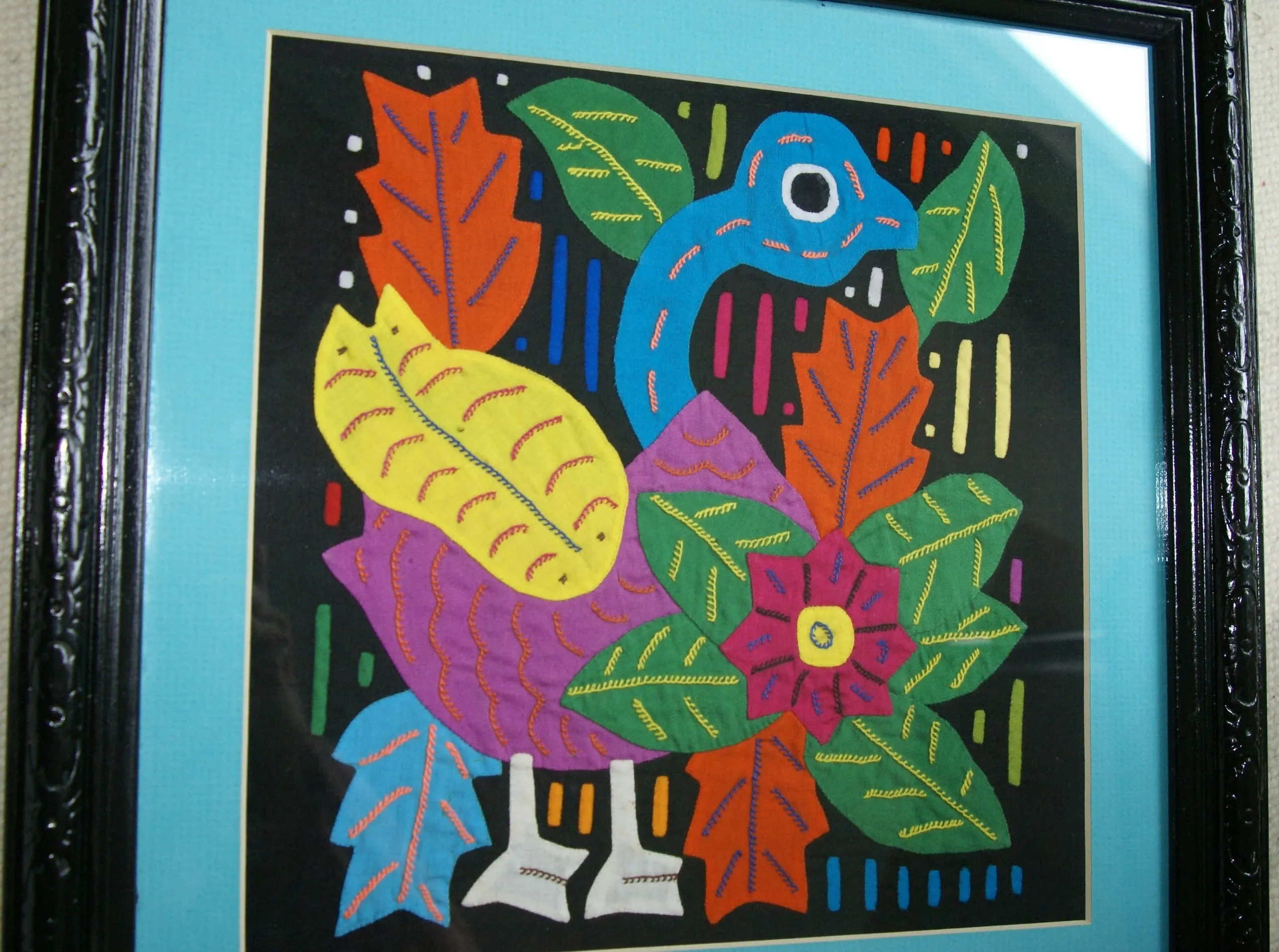 A Kuna Indian Folk Art Mola from San Blas Islands, in Unique Custom Frame with 1 Turquoise Mat & Glass : Hand stitched Textile Applique: Colorful Goose & Hibiscus Flowers, 14" x 14" (DFM17) Wall Décor