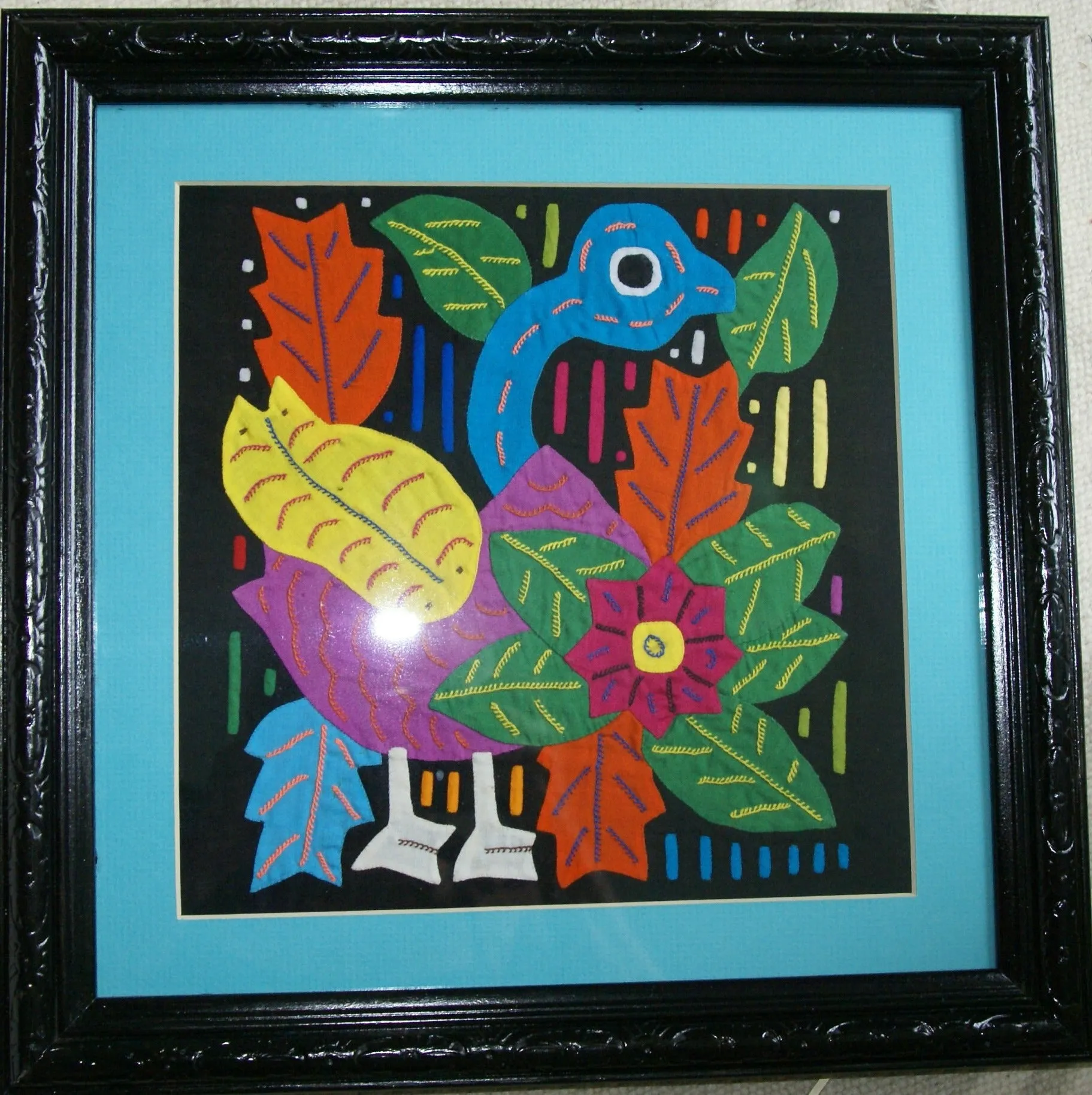 A Kuna Indian Folk Art Mola from San Blas Islands, in Unique Custom Frame with 1 Turquoise Mat & Glass : Hand stitched Textile Applique: Colorful Goose & Hibiscus Flowers, 14" x 14" (DFM17) Wall Décor