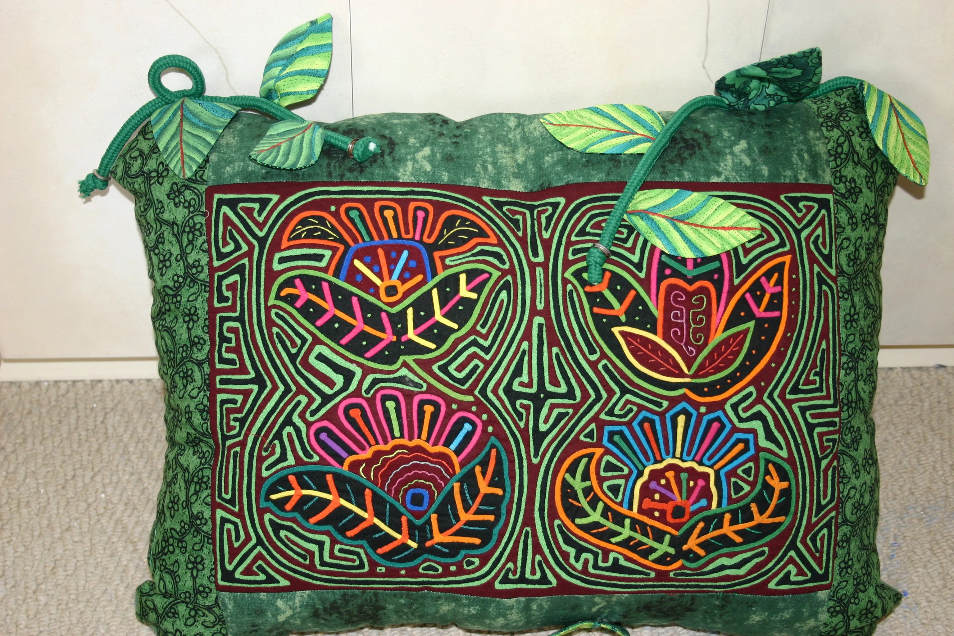A Kuna Indian Folk Art Mola from San Blas Islands, in Unique Custom Frame with 1 Turquoise Mat & Glass : Hand stitched Textile Applique: Colorful Goose & Hibiscus Flowers, 14" x 14" (DFM17) Wall Décor