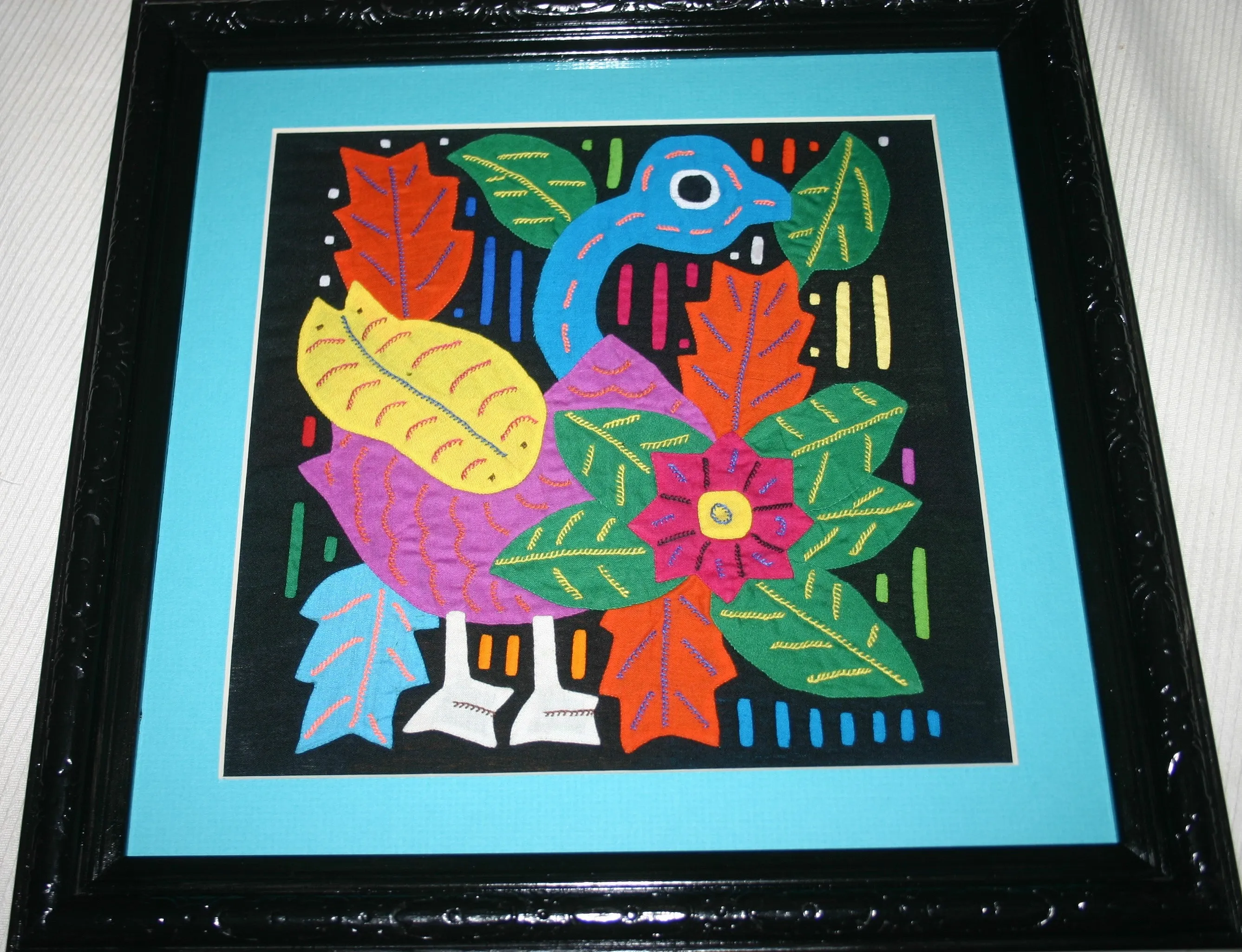 A Kuna Indian Folk Art Mola from San Blas Islands, in Unique Custom Frame with 1 Turquoise Mat & Glass : Hand stitched Textile Applique: Colorful Goose & Hibiscus Flowers, 14" x 14" (DFM17) Wall Décor