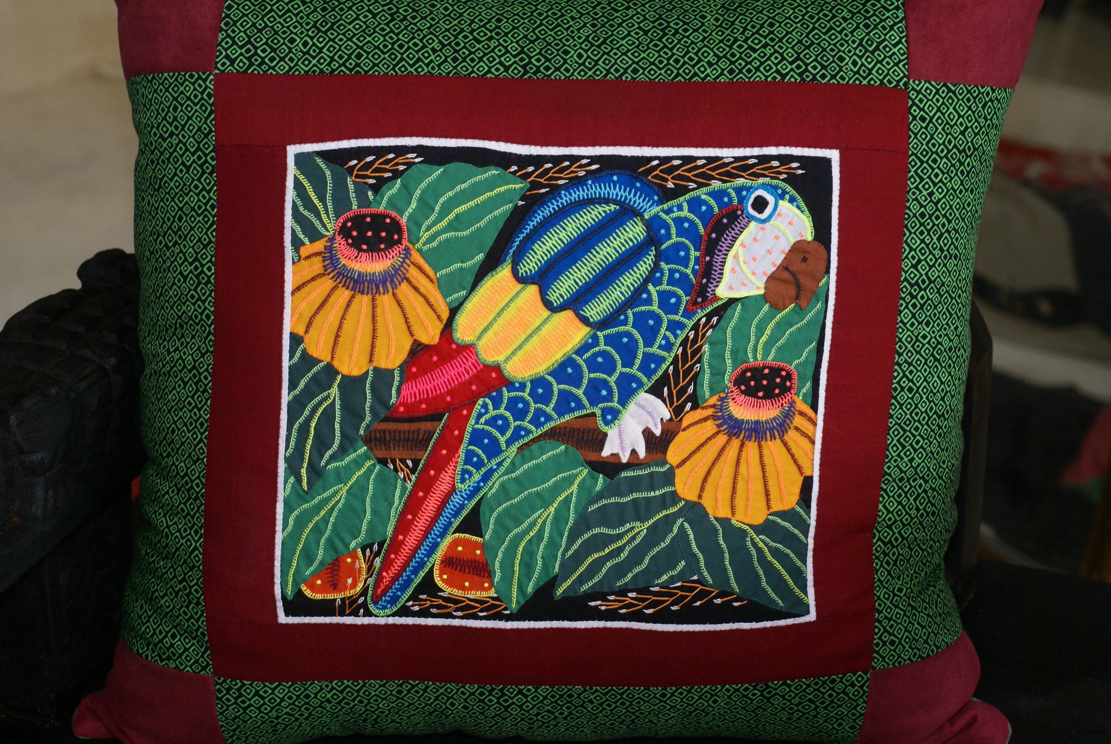 A Kuna Indian Folk Art Mola from San Blas Islands, in Unique Custom Frame with 1 Turquoise Mat & Glass : Hand stitched Textile Applique: Colorful Goose & Hibiscus Flowers, 14" x 14" (DFM17) Wall Décor
