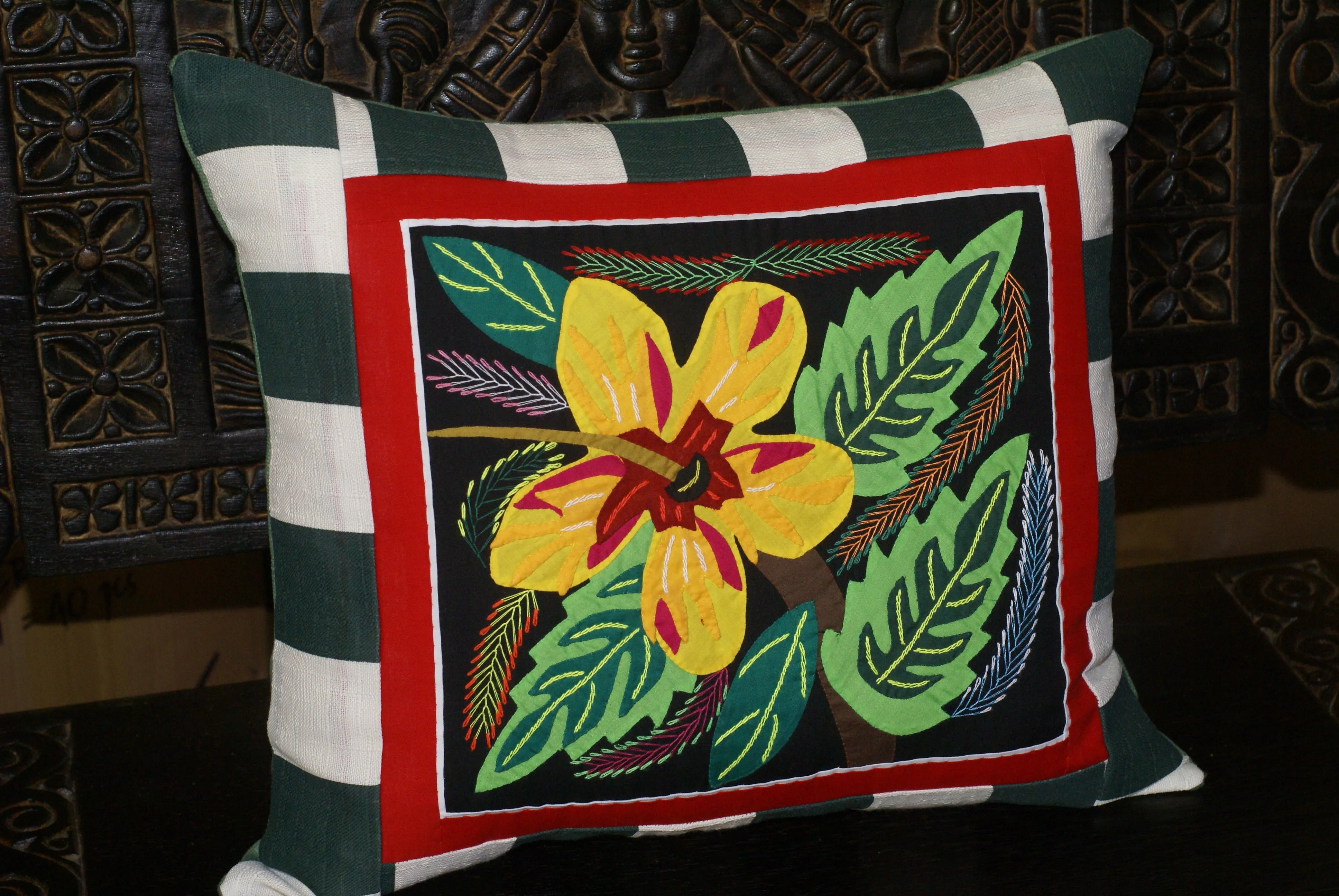 A Kuna Indian Folk Art Mola from San Blas Islands, in Unique Custom Frame with 1 Turquoise Mat & Glass : Hand stitched Textile Applique: Colorful Goose & Hibiscus Flowers, 14" x 14" (DFM17) Wall Décor