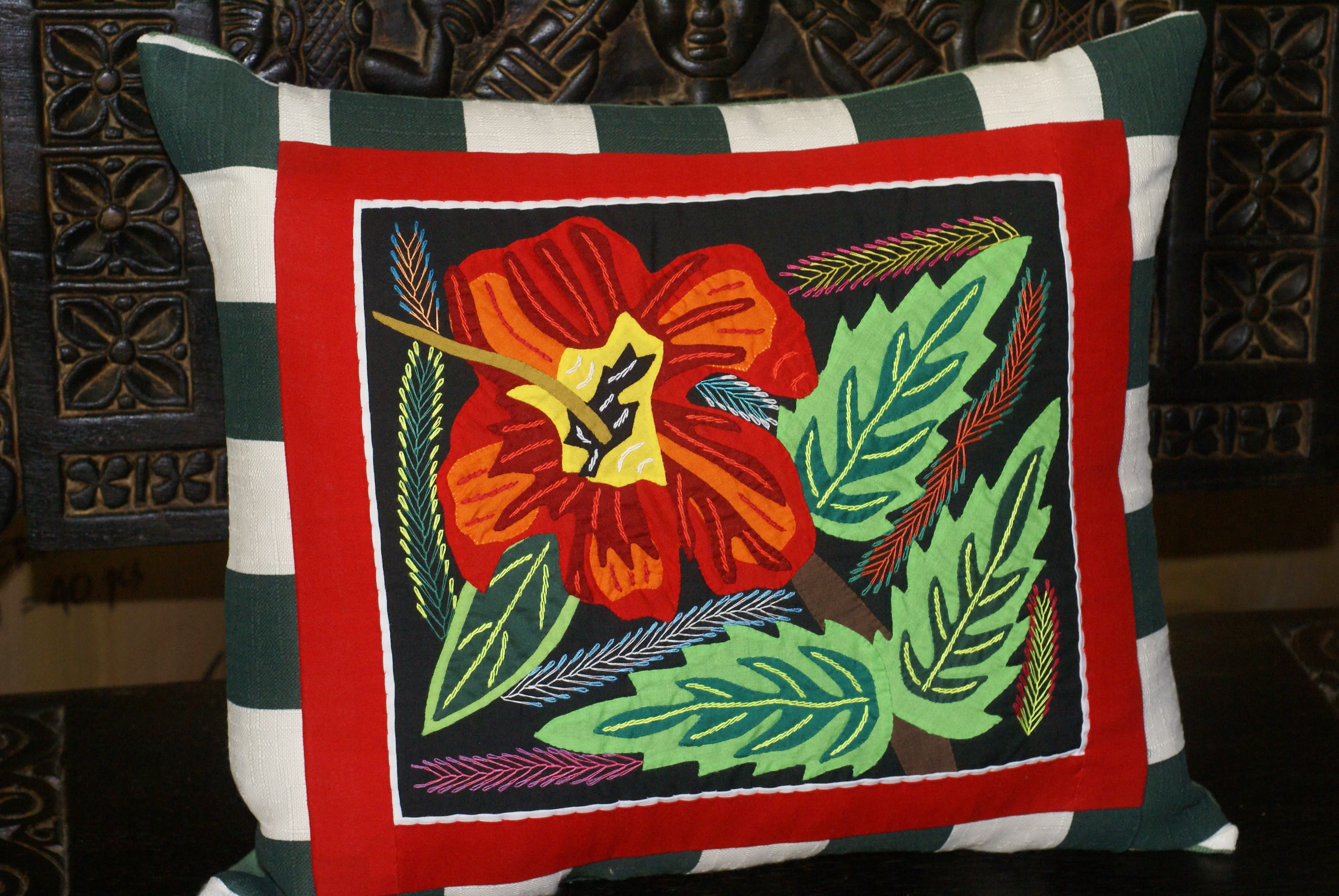 A Kuna Indian Folk Art Mola from San Blas Islands, in Unique Custom Frame with 1 Turquoise Mat & Glass : Hand stitched Textile Applique: Colorful Goose & Hibiscus Flowers, 14" x 14" (DFM17) Wall Décor