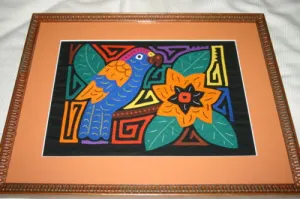 A Kuna Indian Folk Art Mola from San Blas Islands, Panama. Wall Decor, in Custom Frame & Mat. Hand stitched Textile Applique: Colorful Parrot & Hibiscus Flowers, plants 16" x 12" (DFM3)