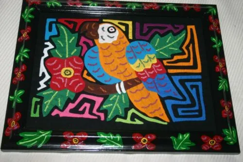 A Kuna Indian Folk Art Mola from San Blas Islands, Panama. Wall Decor, in Custom Frame & Mat. Hand stitched Textile Applique: Colorful Parrot & Hibiscus Flowers, plants 16" x 12" (DFM3)