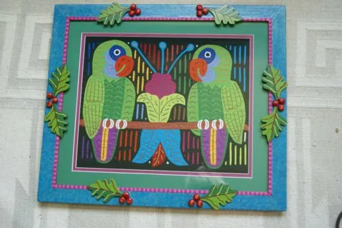 A Kuna Indian Folk Art Mola from San Blas Islands, Panama. Wall Decor, in Custom Frame & Mat. Hand stitched Textile Applique: Colorful Parrot & Hibiscus Flowers, plants 16" x 12" (DFM3)