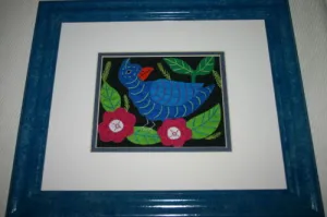A Kuna Indian Folk Art Mola in Custom Frame, Glass & Double Mats. Hand-stitched Applique from San Blas Islands, Panama: Colorful Blue Water Fowl or Hen Swimming, Surrounded by Pink Flowers & Leaves 15" X 13" (DFM6) Wall Decor