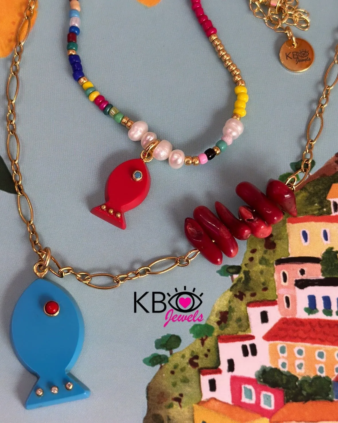 Amalfi lucky fish necklace red coral beads