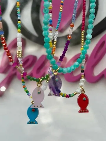 Amalfi lucky fish necklace red coral beads
