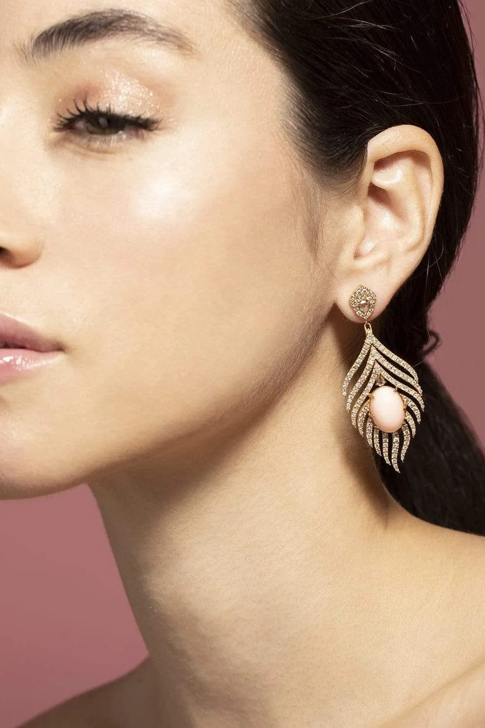 Angel Skin Coral and Diamond Feather Earrings