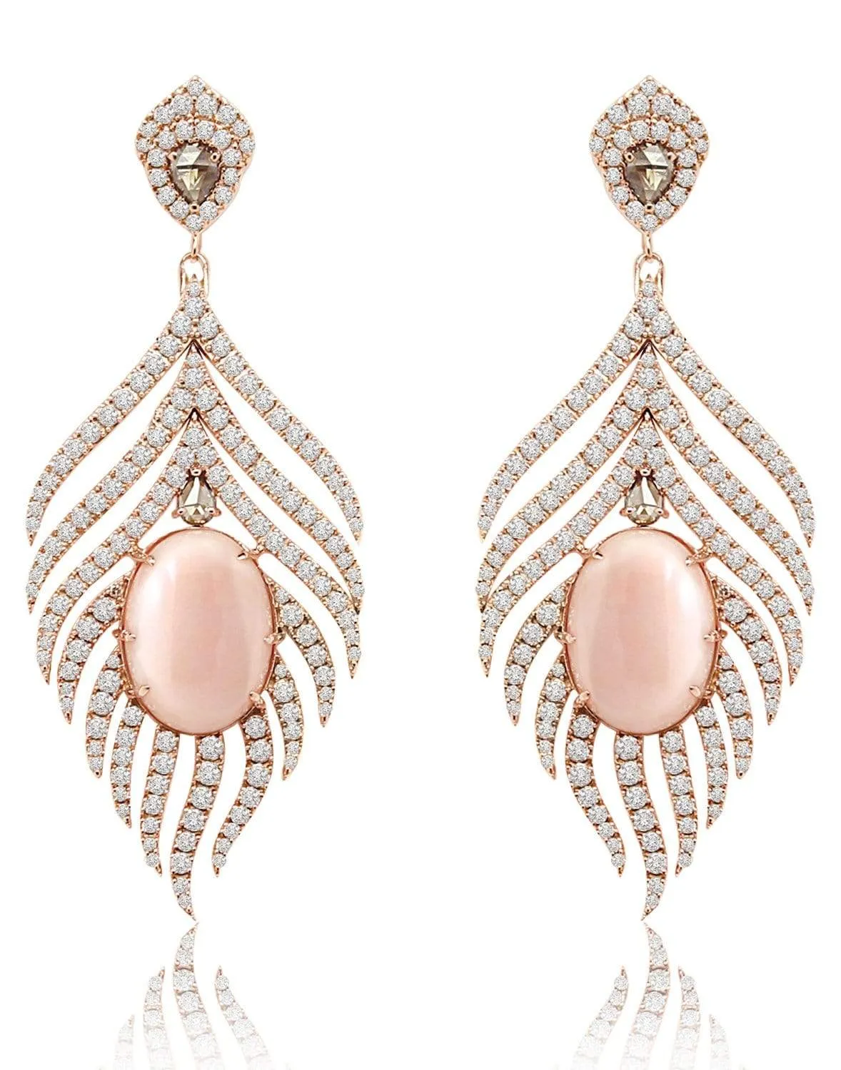 Angel Skin Coral and Diamond Feather Earrings