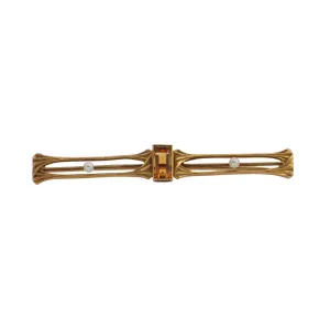 Antique Art Nouveau Citrine and Seed Pearl 14K Gold Bar Pin