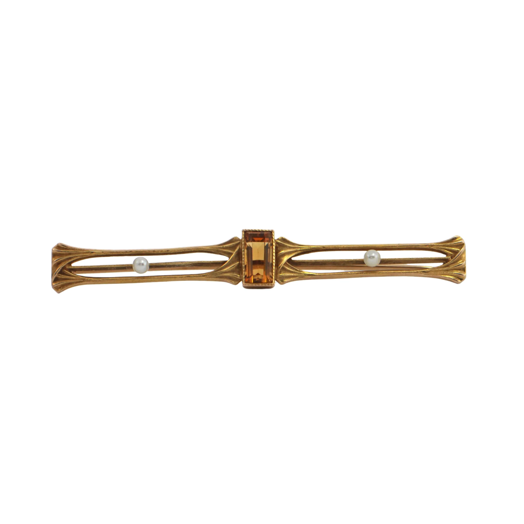 Antique Art Nouveau Citrine and Seed Pearl 14K Gold Bar Pin