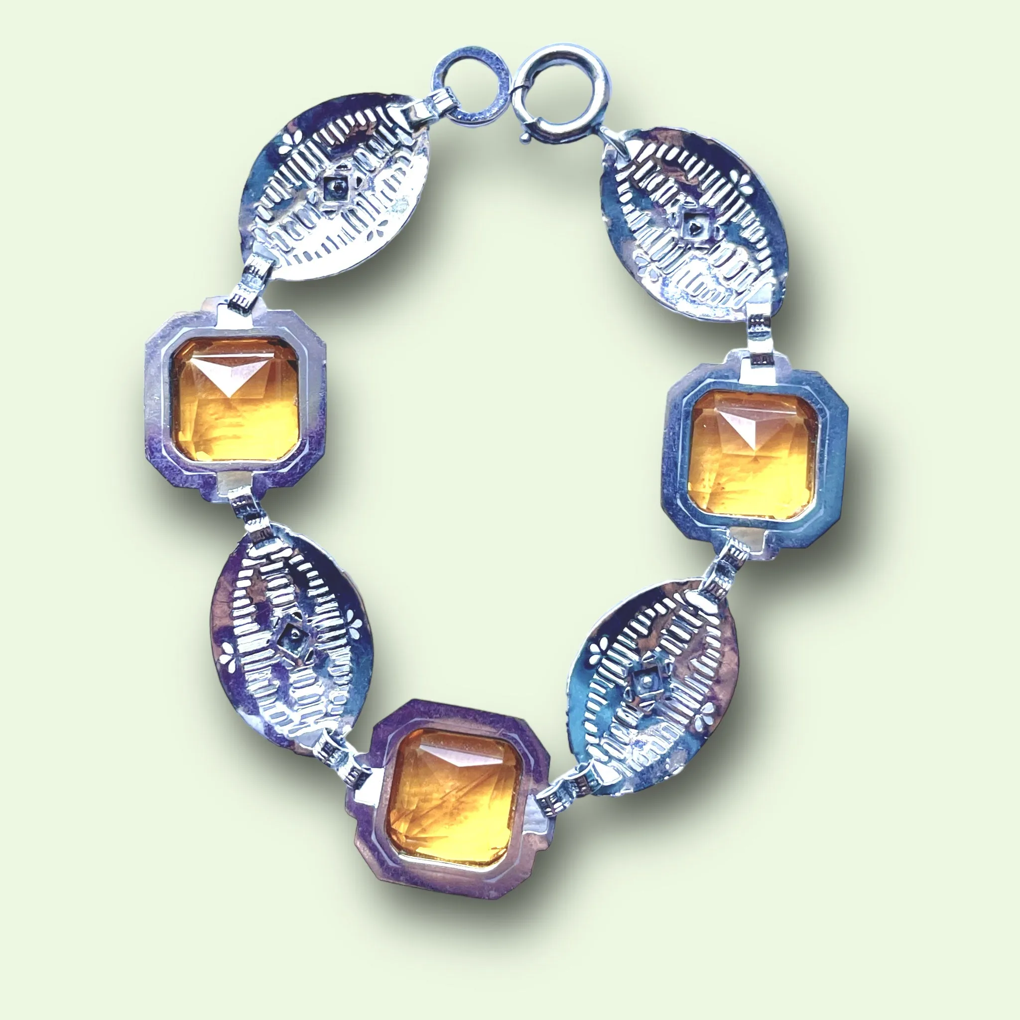 Art Deco Citrine Art Glass Silver Filigree Link Bracelet