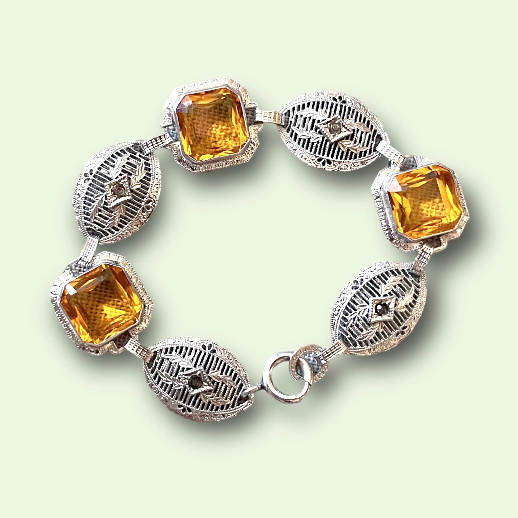 Art Deco Citrine Art Glass Silver Filigree Link Bracelet