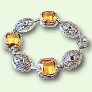 Art Deco Citrine Art Glass Silver Filigree Link Bracelet